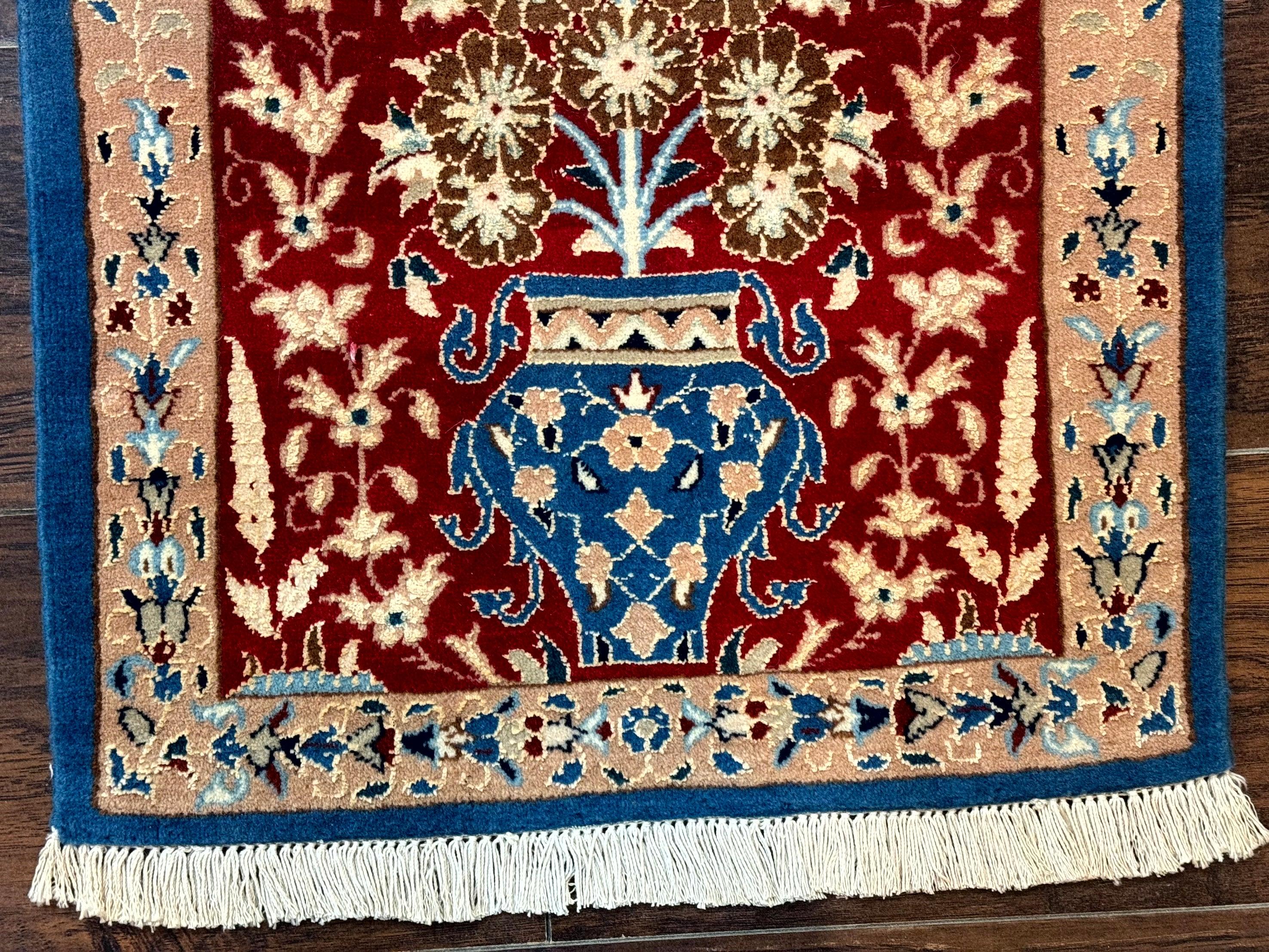 Small Persian Nain Rug, Persian Vase Tree of Life Design, Red and Blue, Very Fine 260 KPSI, Wool and Silk Highlights - Jewel Rugs