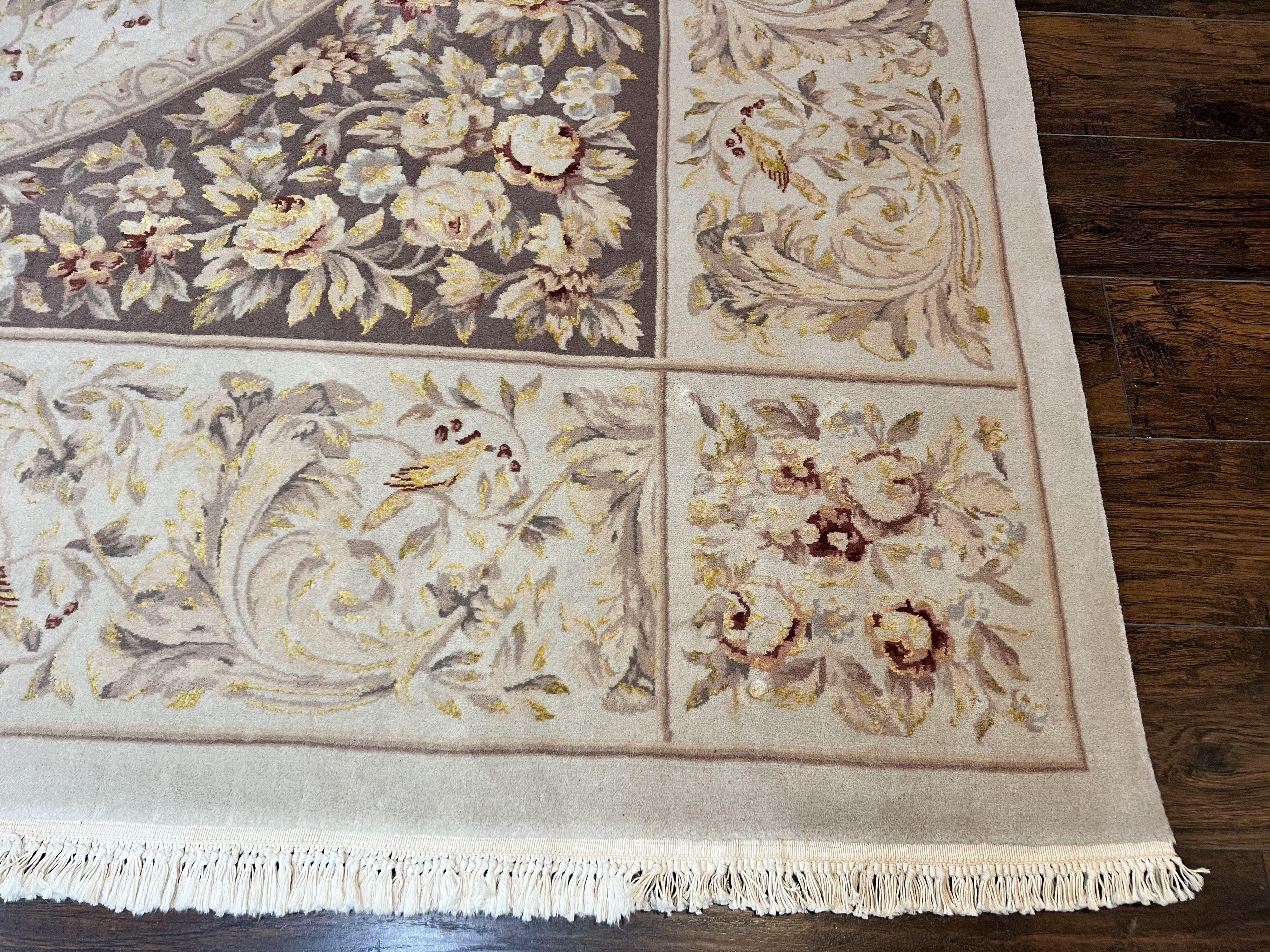 Aubusson Rug 10x14, Wool & Silk Highlights Hand Knotted Vintage Carpet, Birds Flowers, Fine Details, Elegant - Jewel Rugs