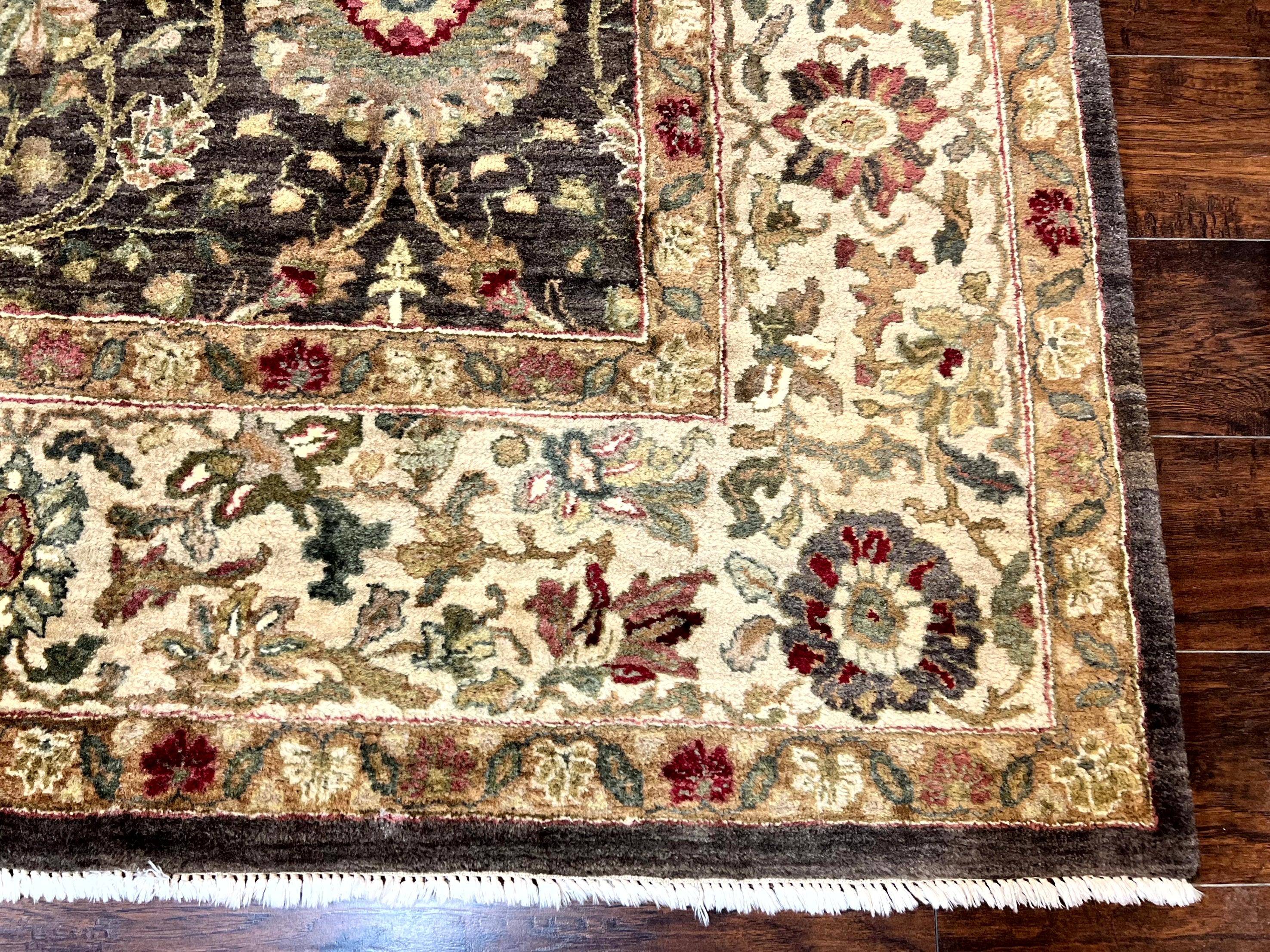 Indo Persian Rug 10x14, Indian Mahal Carpet, Large Wool Hand Knotted Carpet, Traditional Rug, Floral Allover, Dark Brown - Jewel Rugs