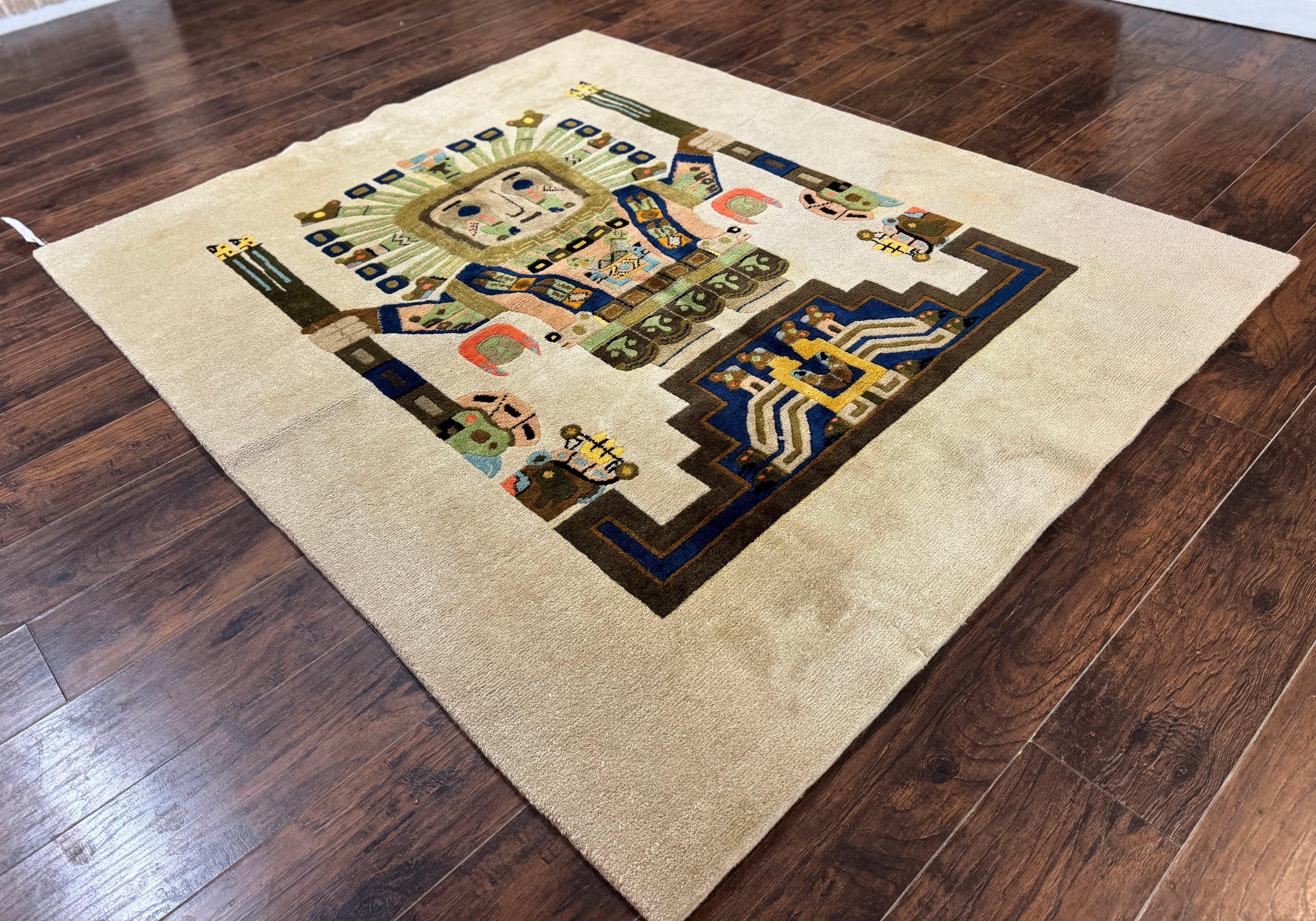 South American Rug 6x7, Unique Native American Design, Ivory, Ecuador Rug, Handmade Wool - Jewel Rugs