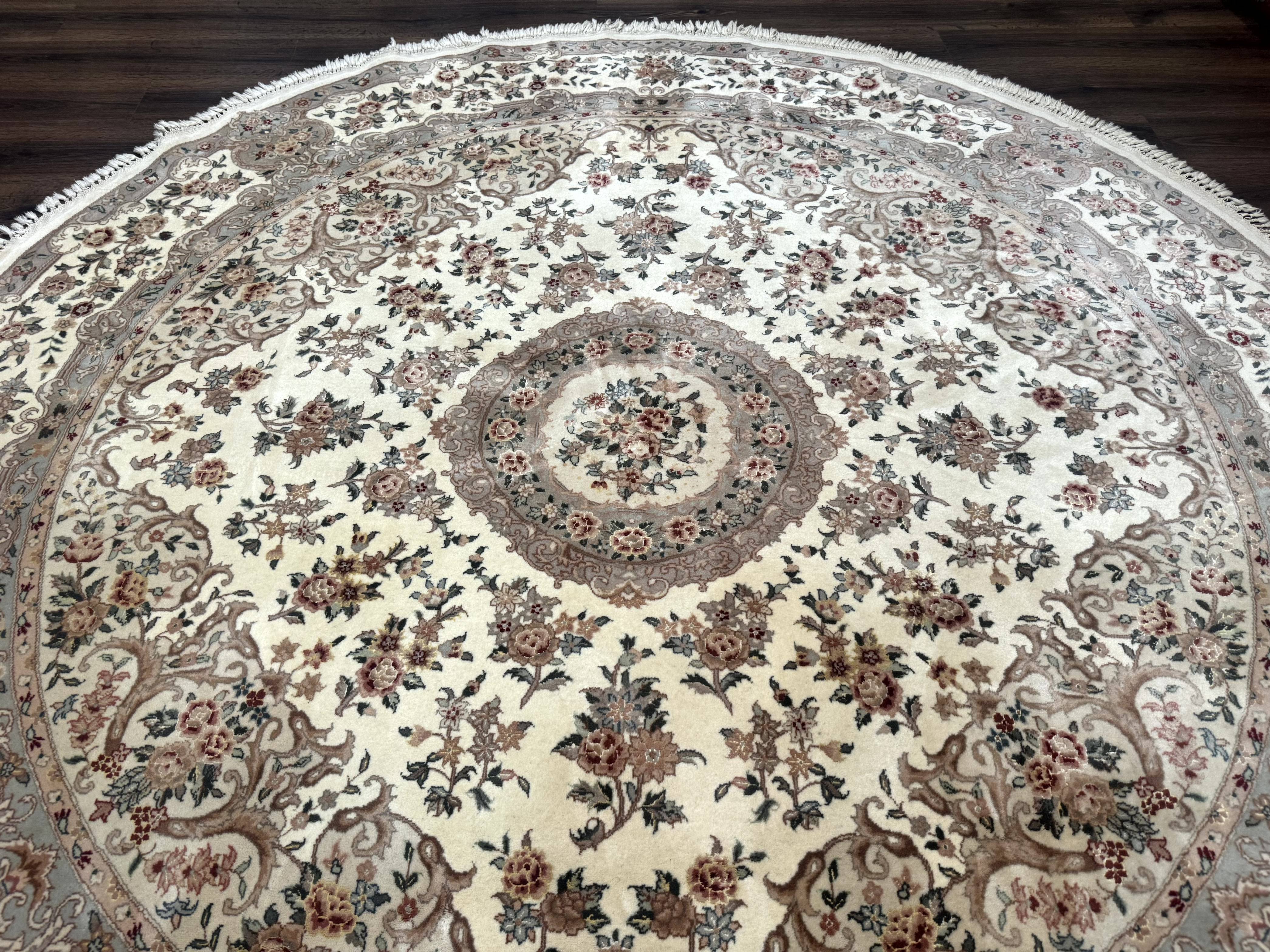 Round Sino Persian Rug 8x8 ft, Wool and Silk, Fine 200 KPSI, Ivory - Jewel Rugs