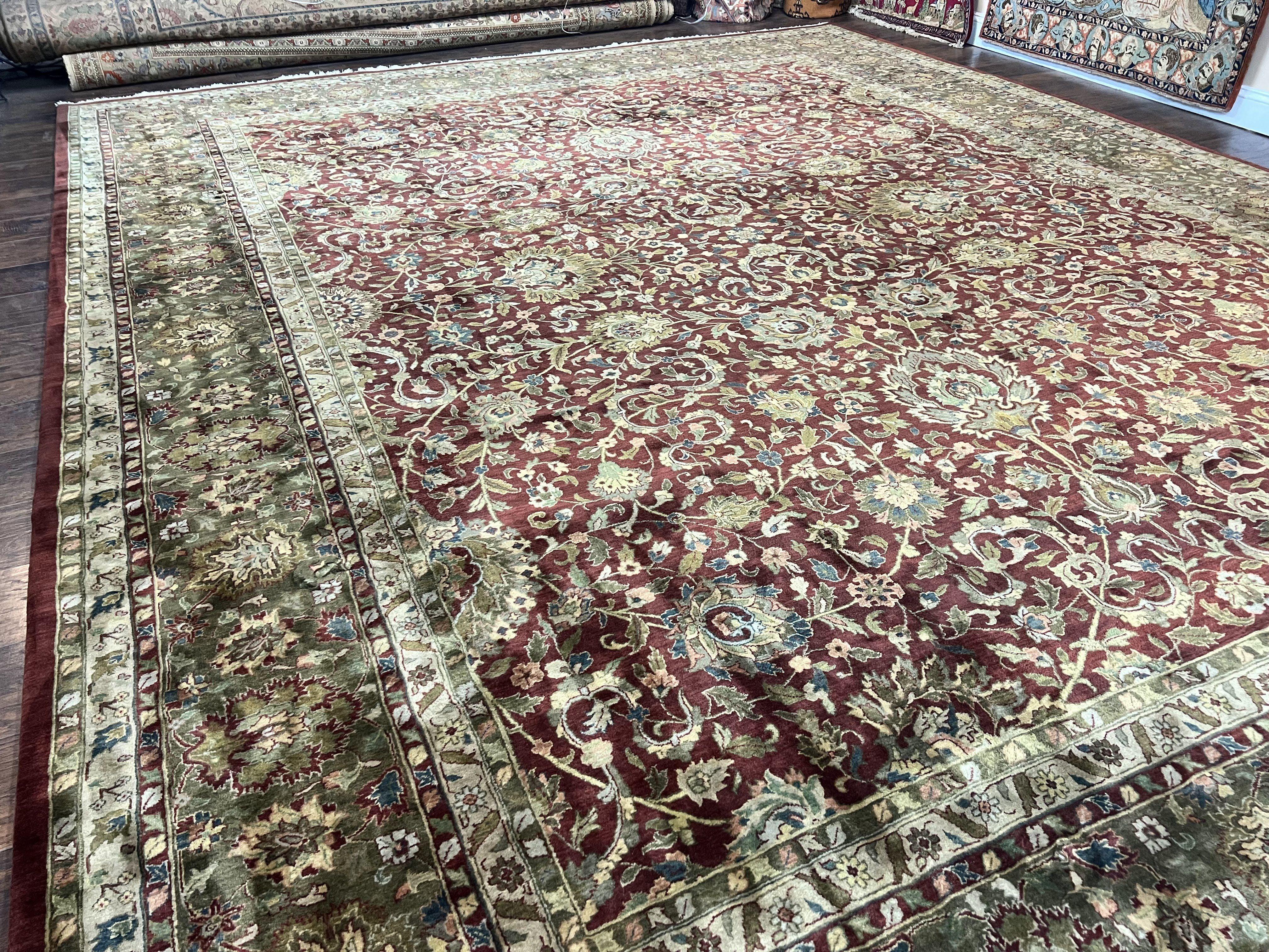 Indian Agra Rug 12x15, Oversized Extra Large Wool Hand Knotted Vintage Oriental Carpet, Burgundy & Olive Green, Floral Allover Rug 12 x 15 - Jewel Rugs
