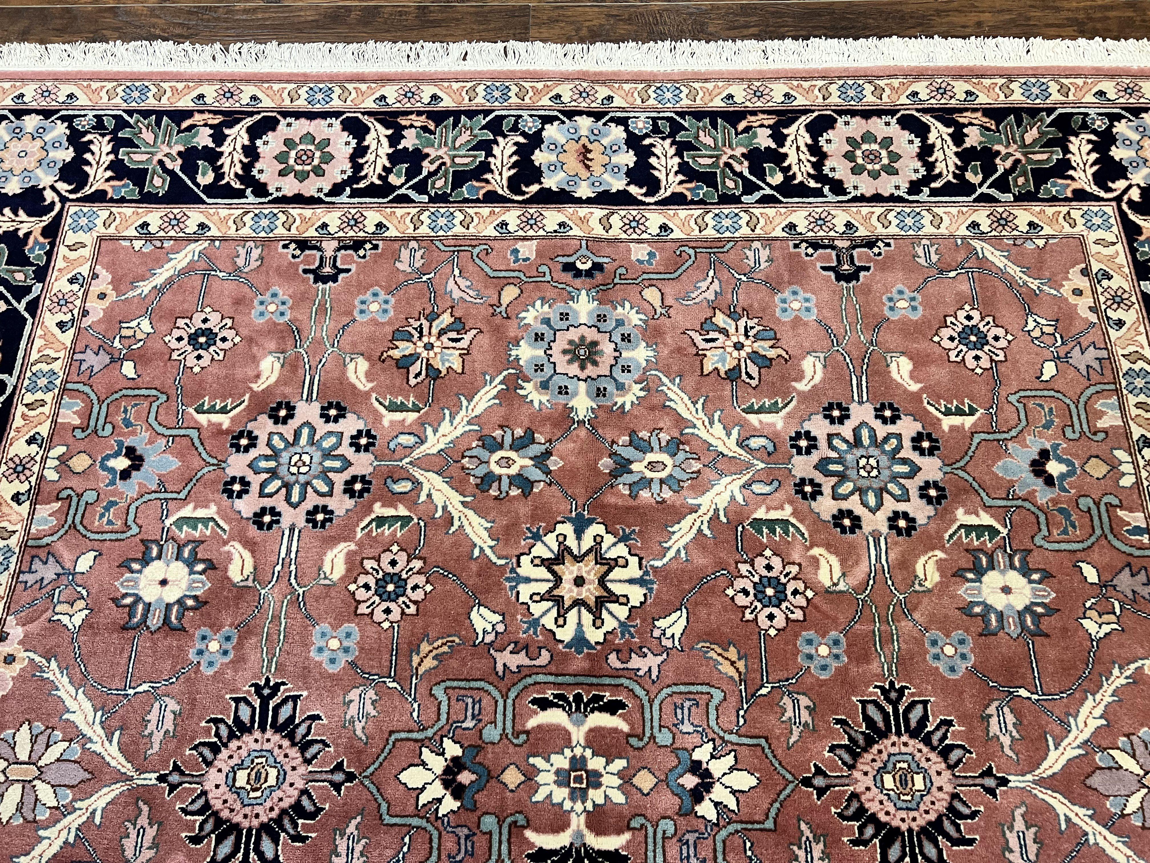 Indo Persian Square Rug 8x8 ft, Pink and Navy Blue, Allover Pattern, Handmade Vintage Wool Carpet - Jewel Rugs