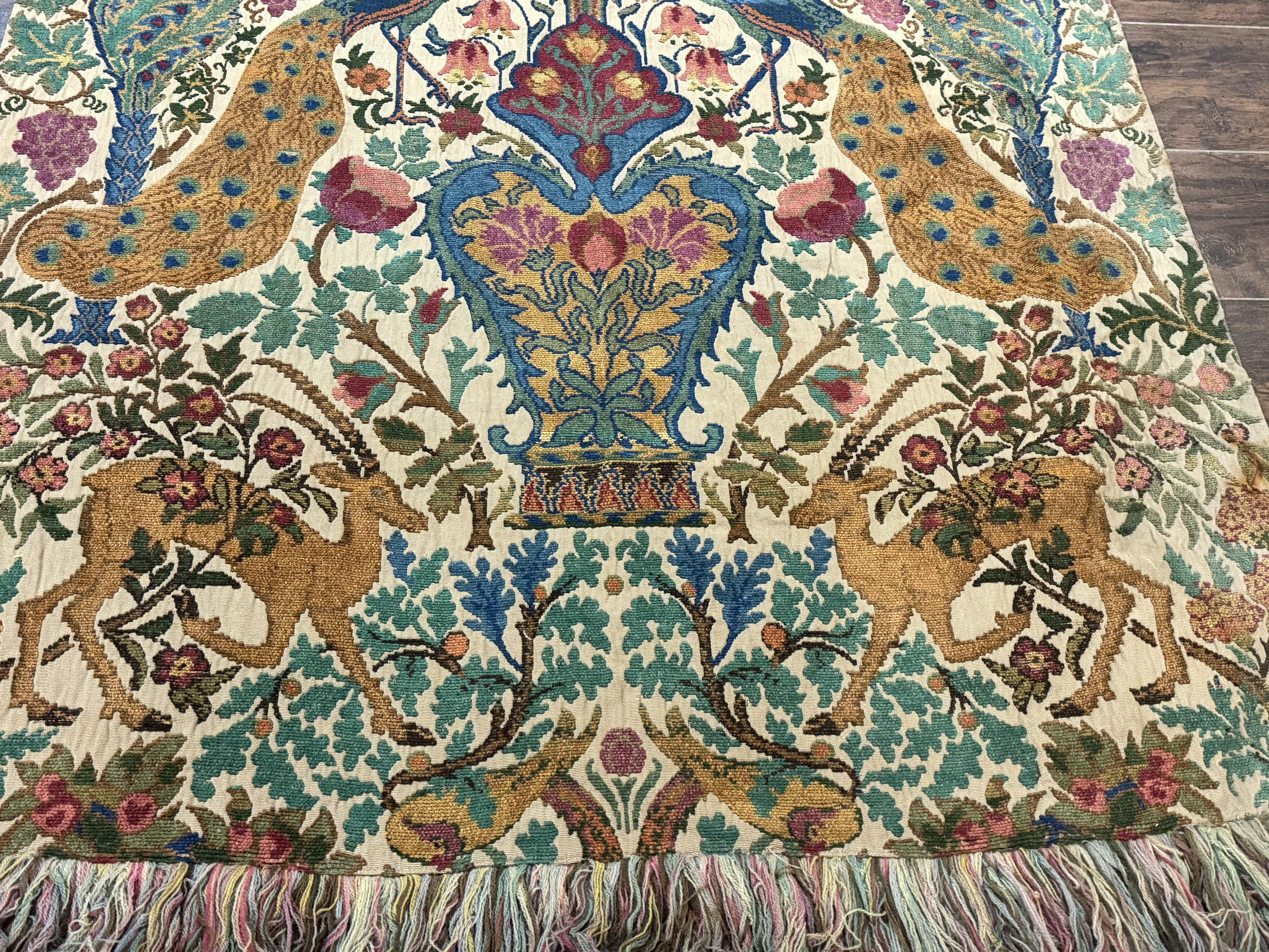 Vintage European Tapestry Wall Hanging 4x6, Peacocks, Deer Birds - Jewel Rugs