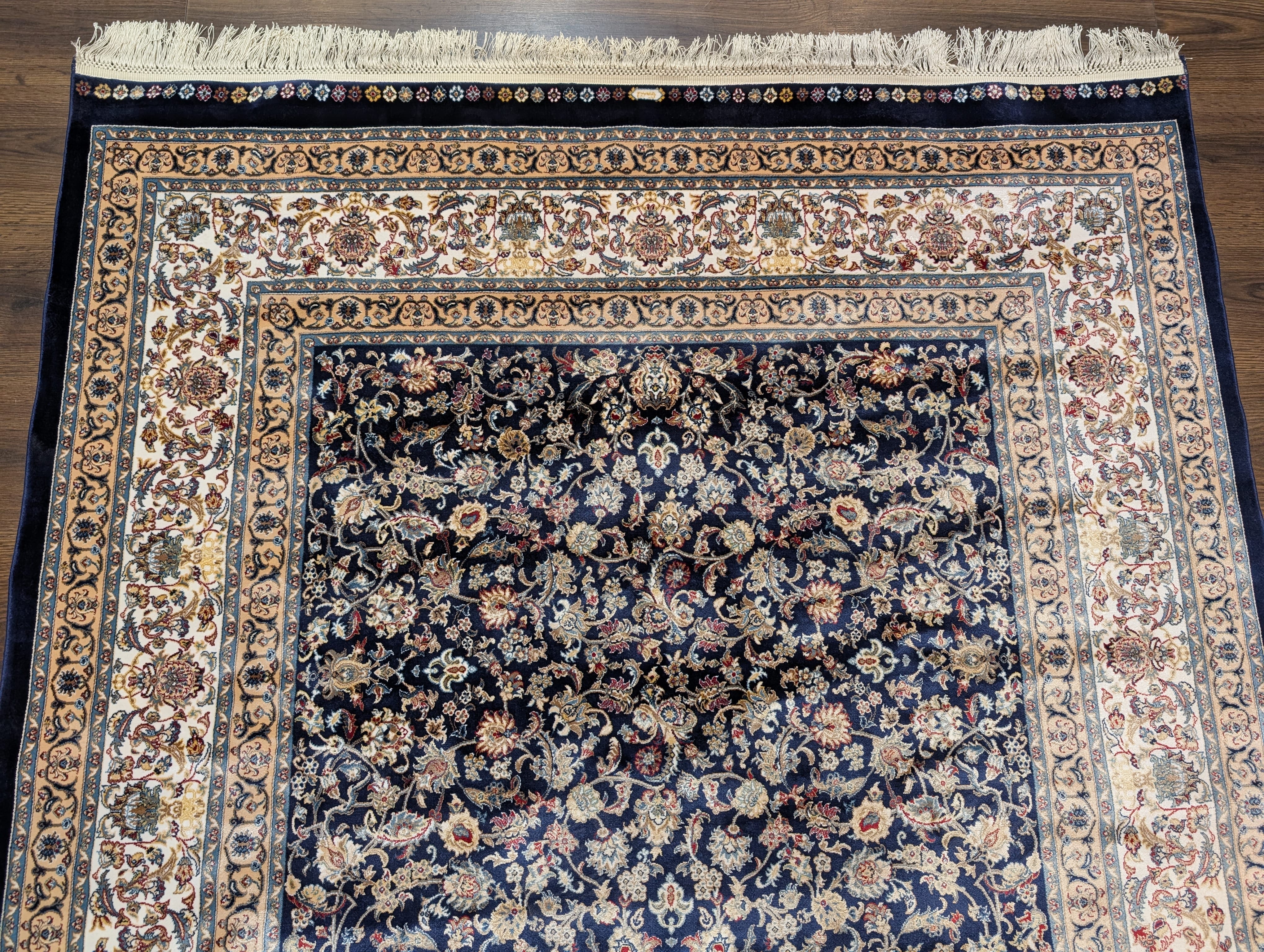 Square Turkish Silk Rug 5x5, Navy Blue and Ivory, Floral, Fine, Detailed, New, Bamboo Silk - Jewel Rugs