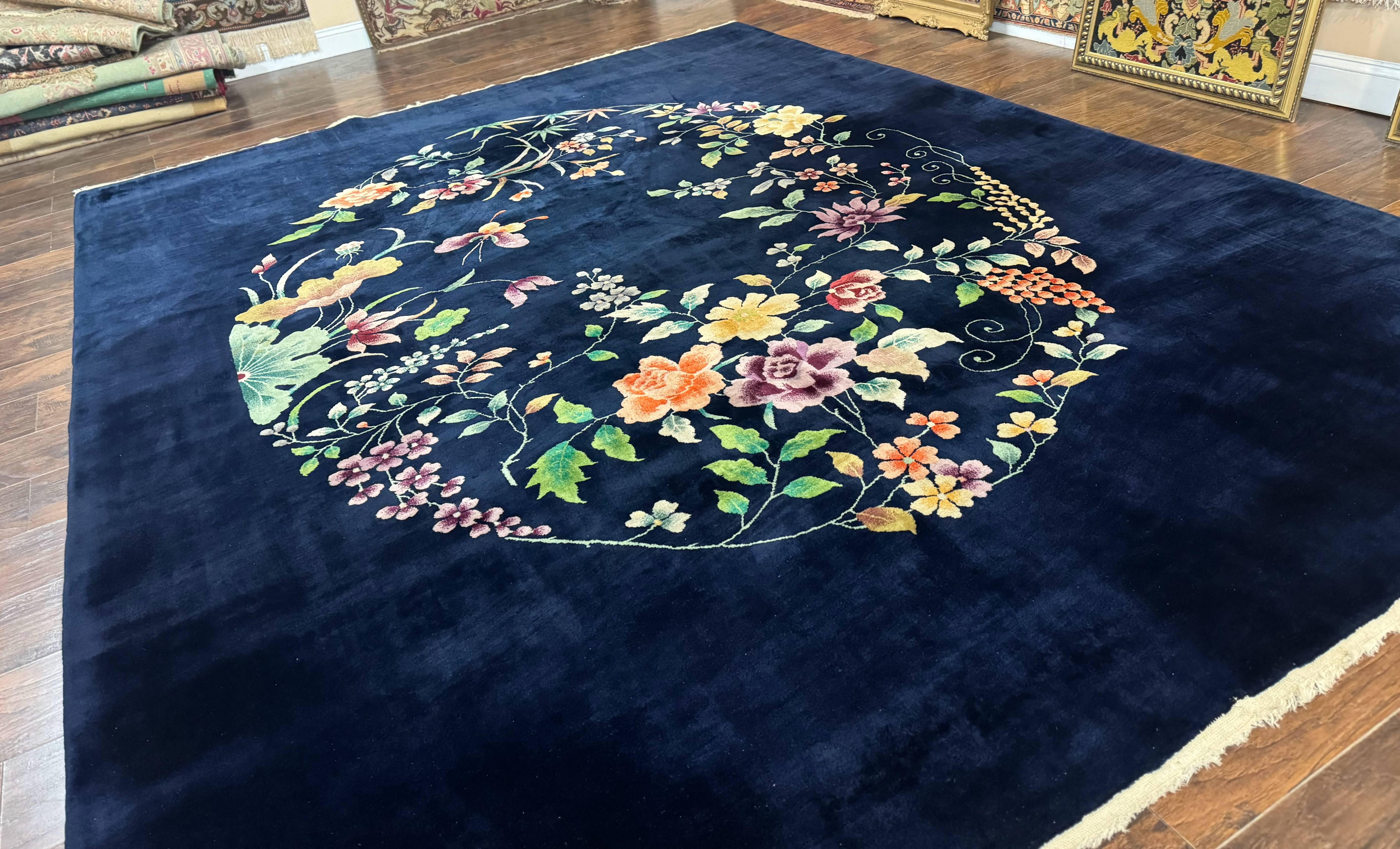 Chinese Art Deco Rug 10 x 11.5, Navy Blue Vintage Nichols Floral Wool Carpet - Jewel Rugs