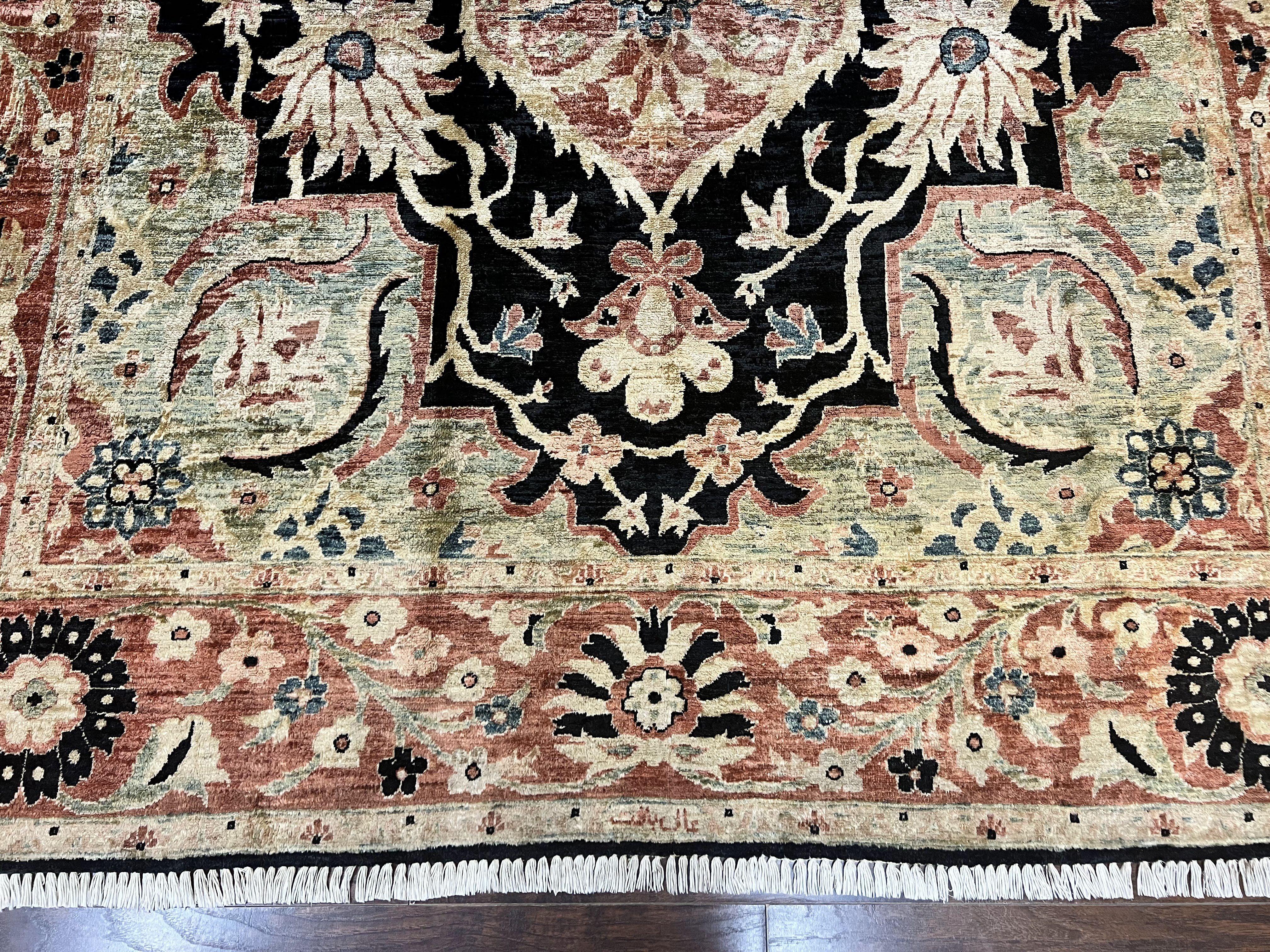 Pak Persian Rug 8x10, Pakistani Mahal Sultanabad Carpet, Signature from Master Weaver, Shiny Wool, Black Red Vintage Handmade Medallion Rug - Jewel Rugs