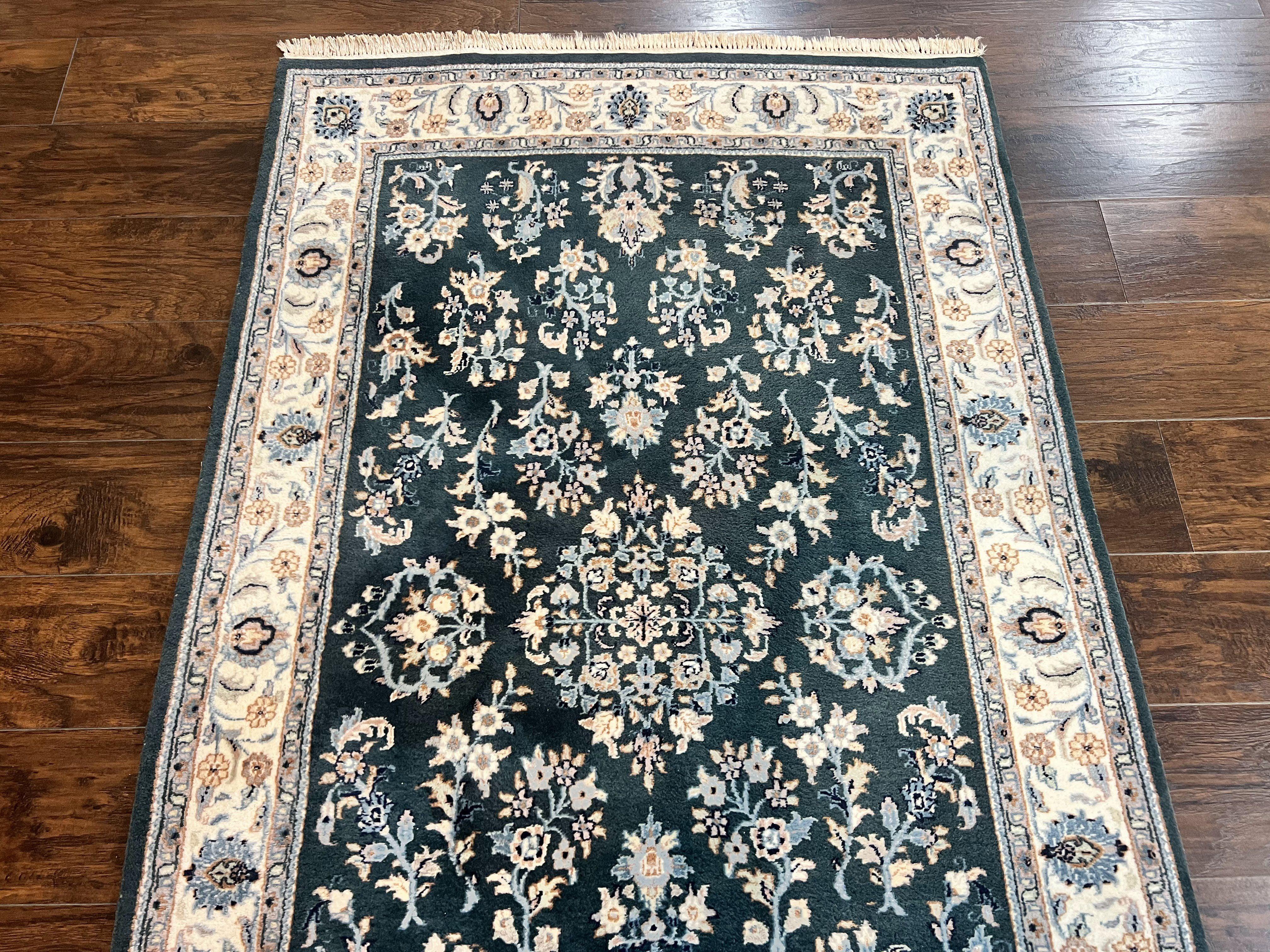 Green Indo Persian Rug 4x6, Floral Allover, Handmade Vintage Oriental Carpet, Sarouk Rug, Wool - Jewel Rugs