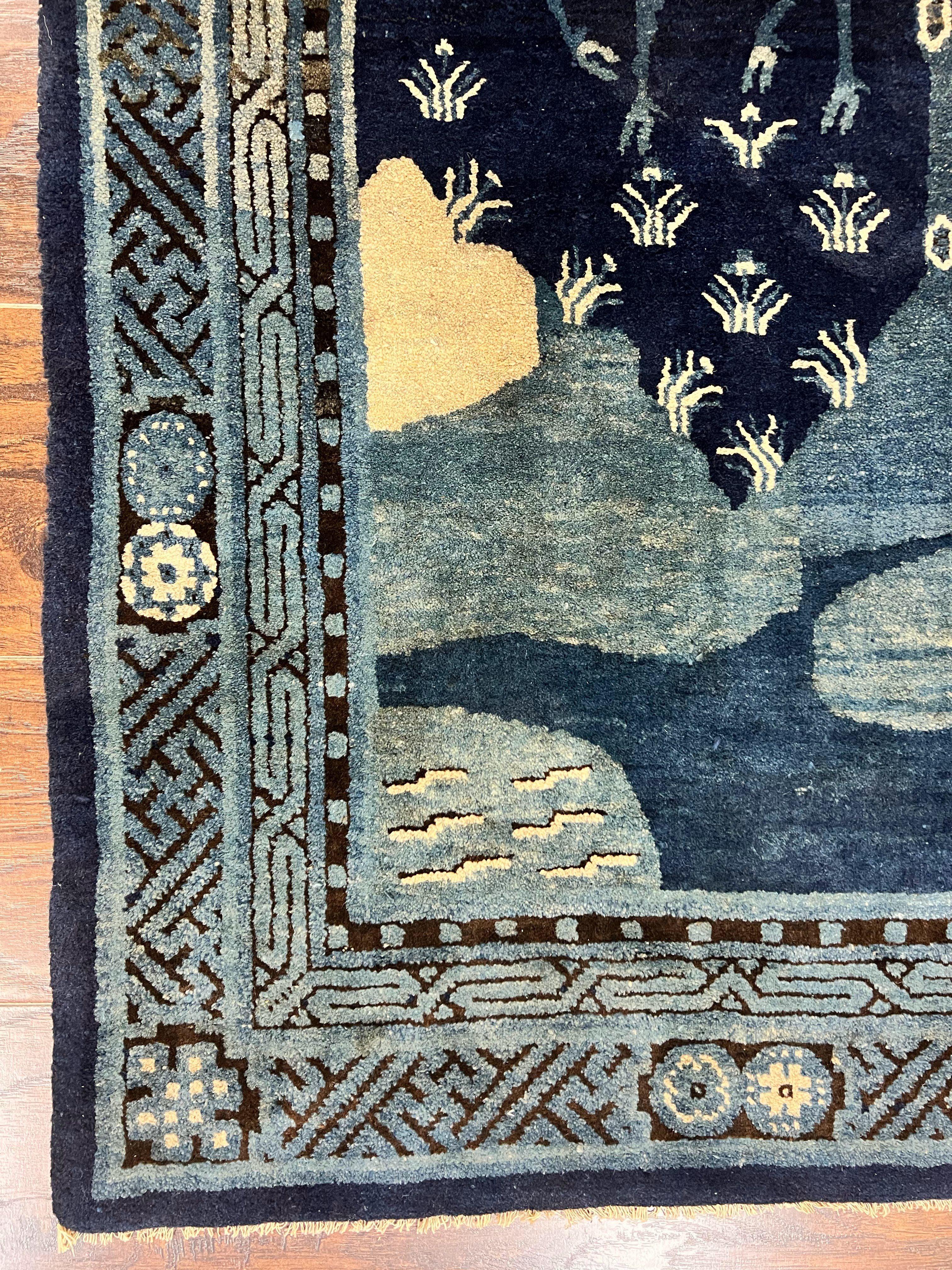Antique Chinese Peking Rug 3x5, Dark Blue Chinese Wool Rug 3 x 5, Animal Pictorials Deer Birds, Handmade Asian Oriental Chinese Carpet - Jewel Rugs