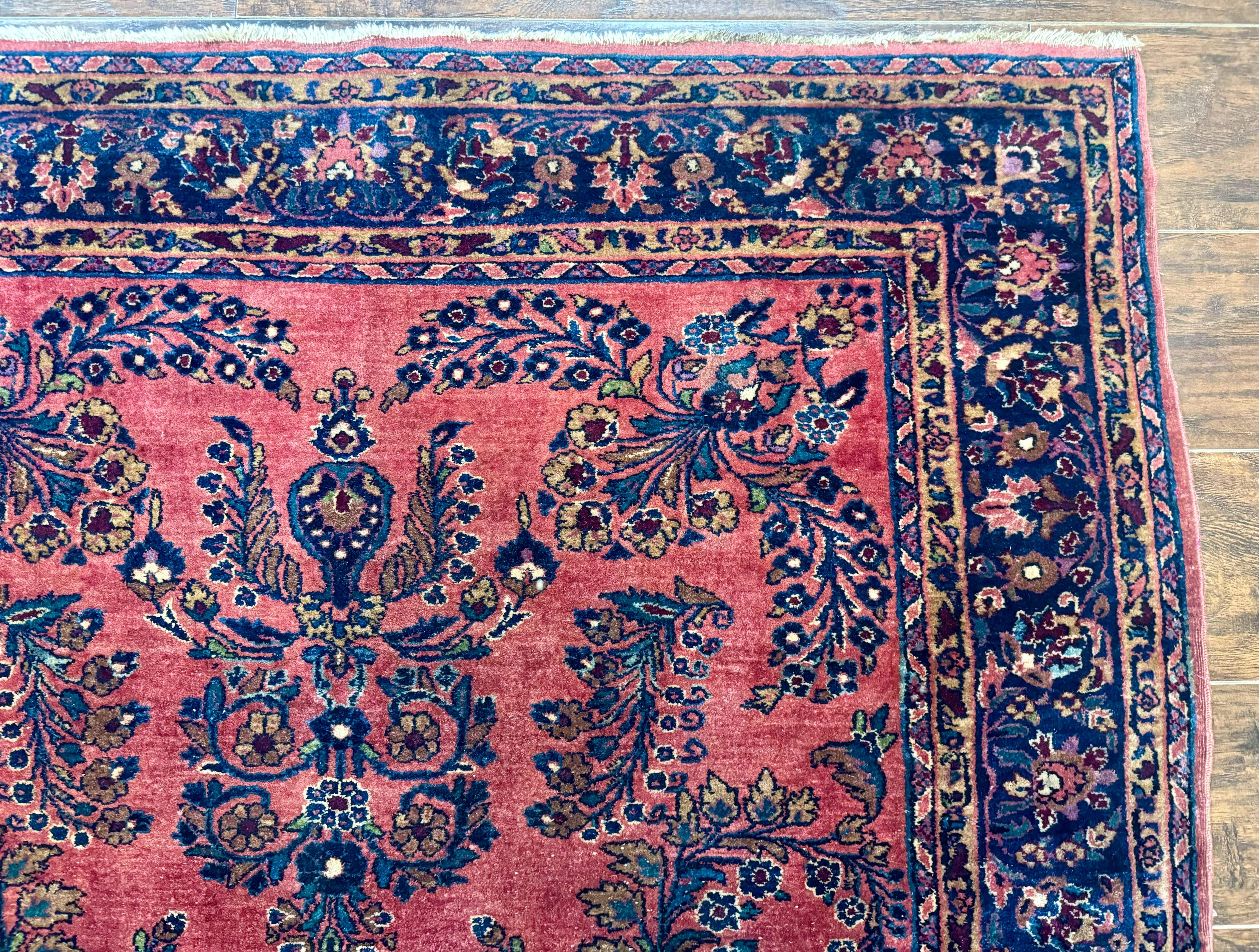 Persian Mohajeran Sarouk Rug 5x7 – Light Red and Navy, Handmade Wool, Antique Carpet, Fine 200 KPSI - Jewel Rugs