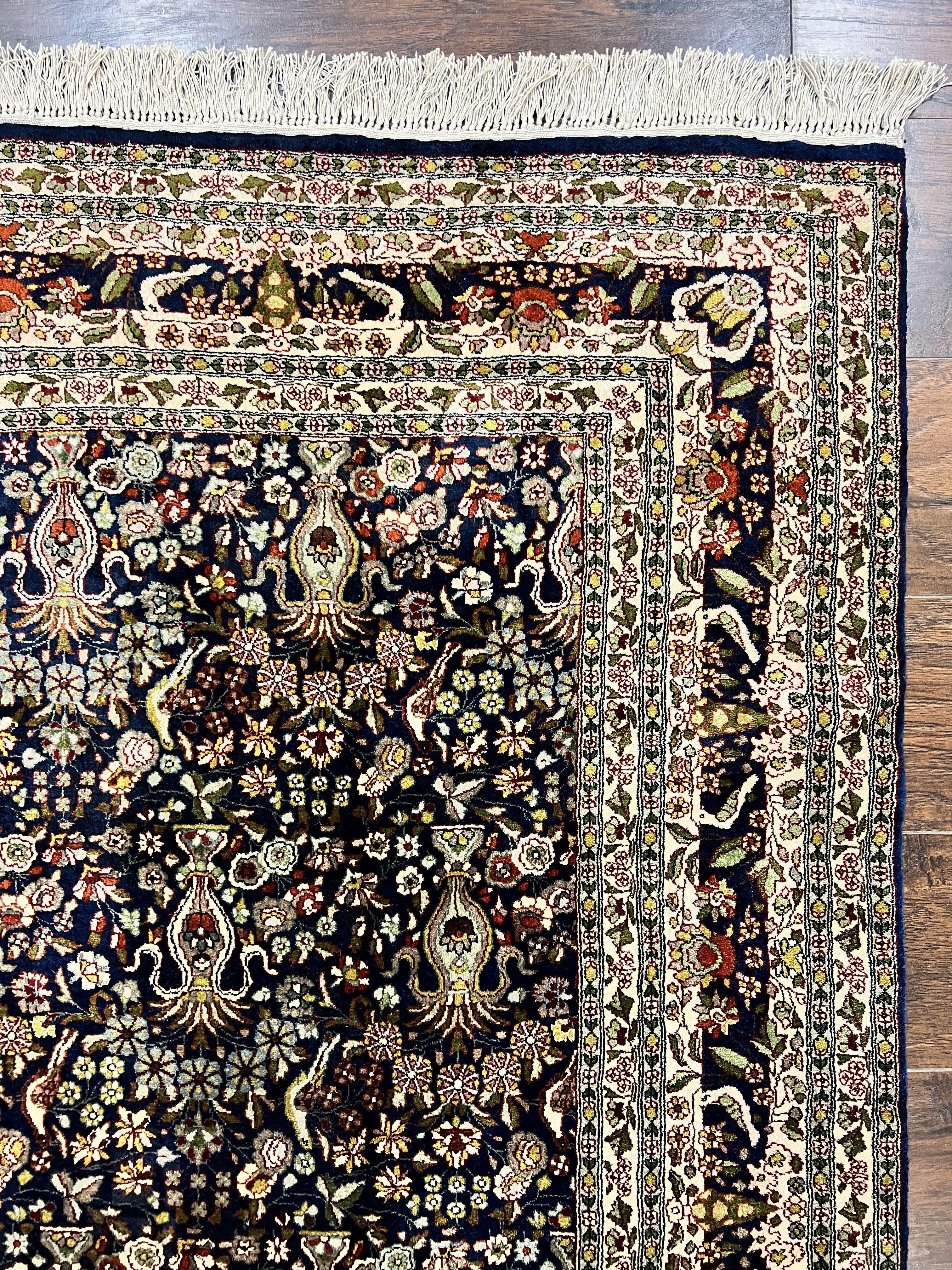 Silk Indian Kashmiri Rug 5x7, Navy Blue Indo Persian Silk Carpet 5 x 7 ft, Hand Knotted Handmade Very Fine Oriental Carpet, 450 KPSI, Birds - Jewel Rugs