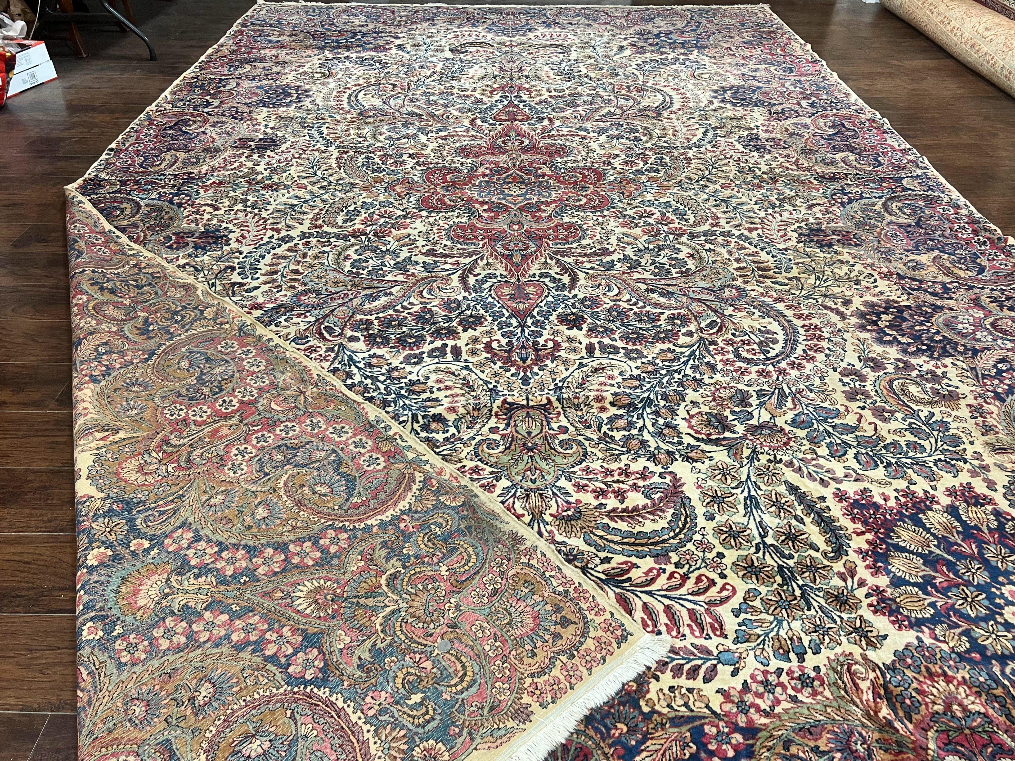 Persian Kirman Rug 11x17, Wool Hand Knotted Antique Carpet, Ivory Navy Blue, Allover Floral, 11 x 17 Oversized Rug, Palace Size Kerman Oriental Rug - Jewel Rugs