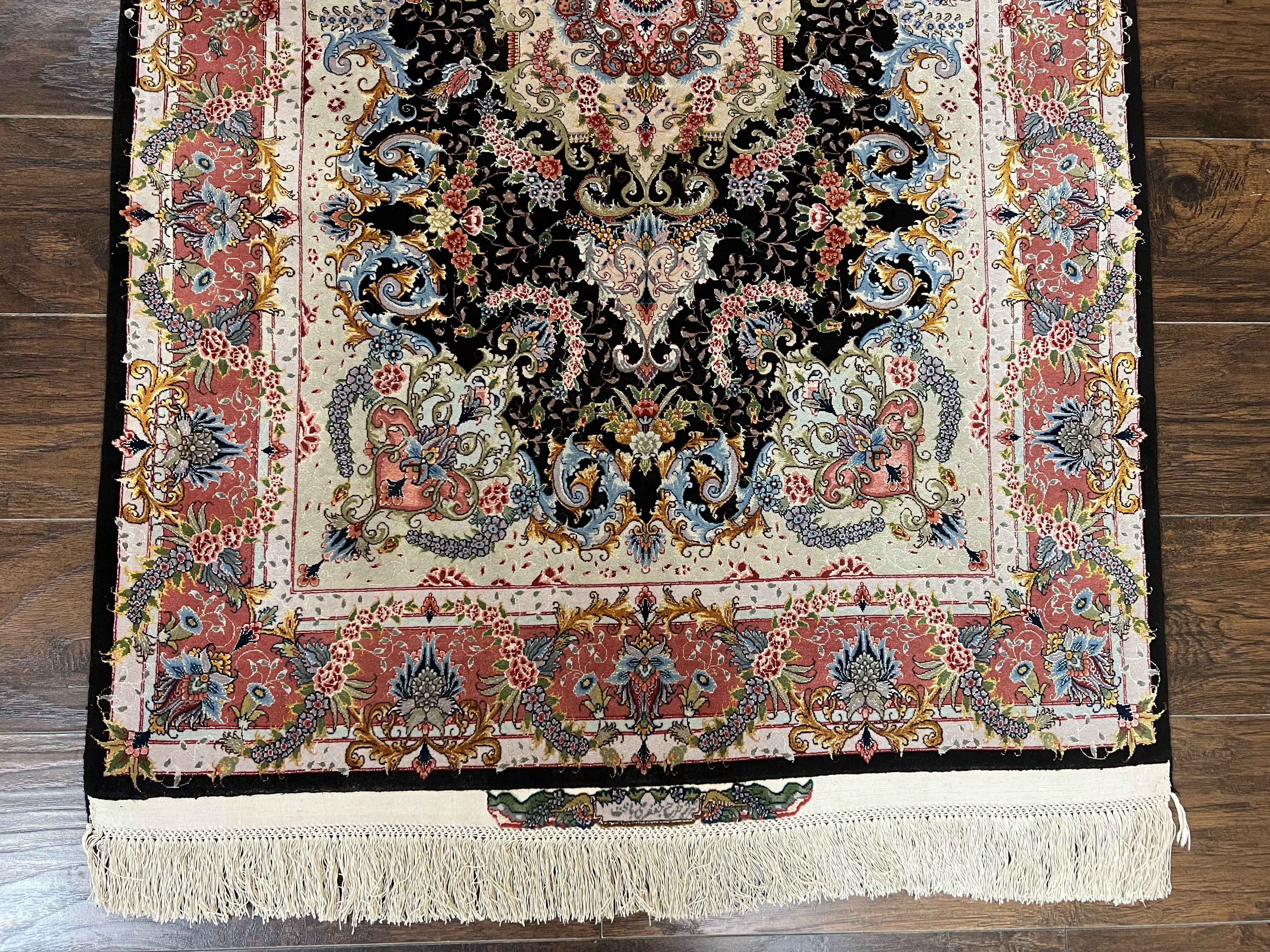 Stunning Persian Tabriz Rug 3.5 x 5, Super Fine, Kork Wool on Silk, Floral Medallion, 70 Raj, 650 KPSI, Signed Master Piece, Hand Knotted, Black - Jewel Rugs