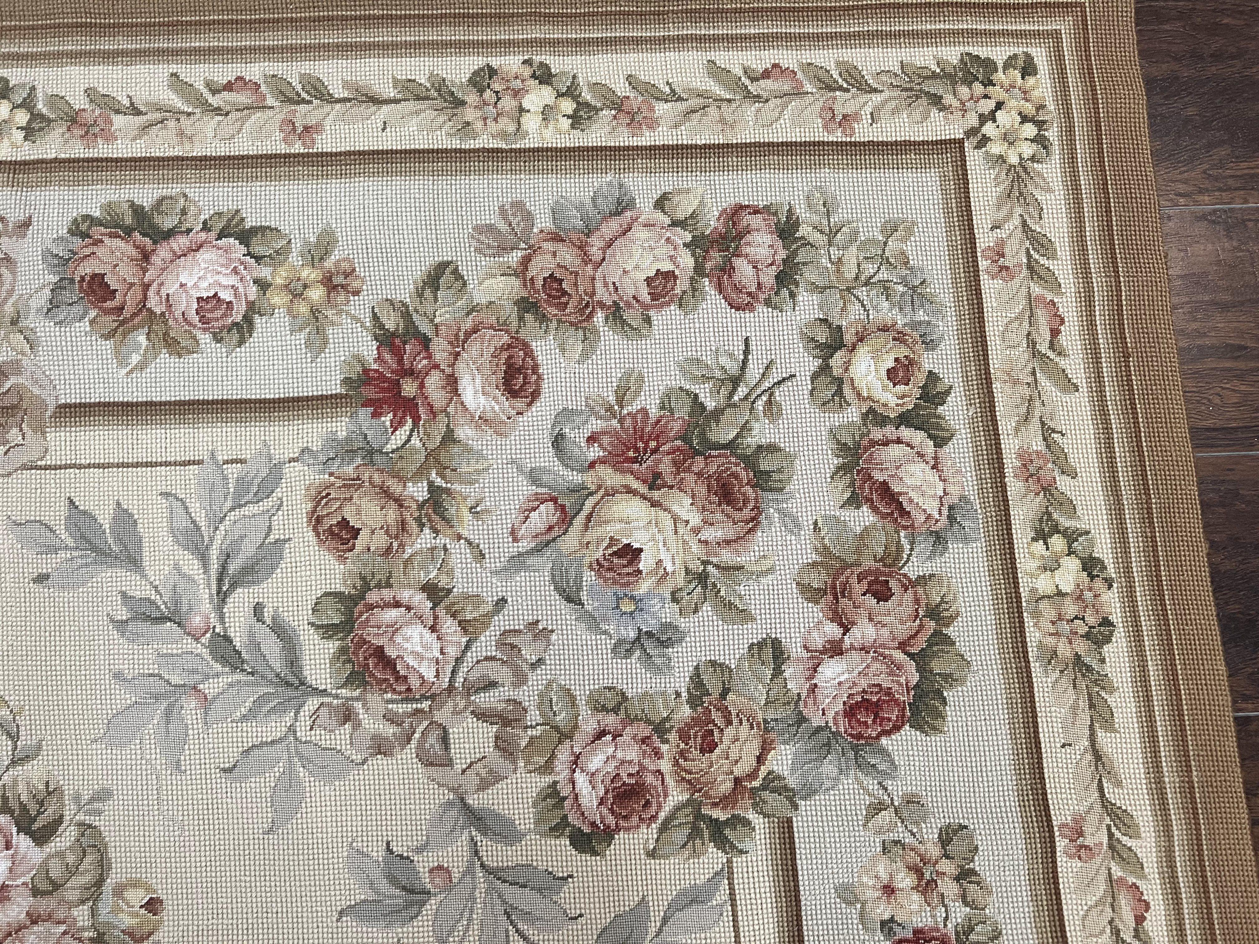Needlepoint Rug, Aubusson Design, Petit Point Carpet, Floral, Cream, French European Design, Flatweave, Wool, Vintage - Jewel Rugs