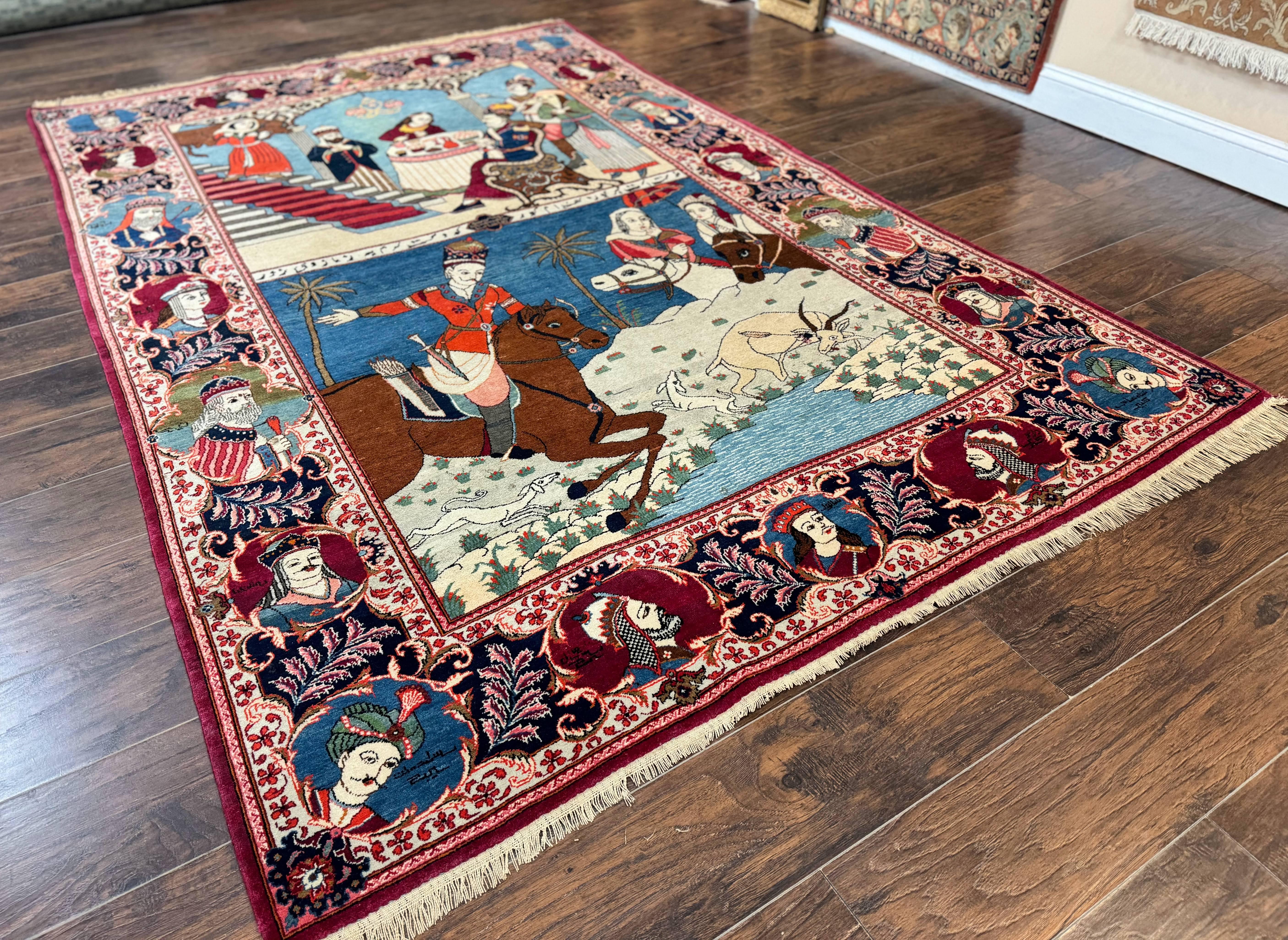 Rare Persian Kashan Pictorial Rug 6x9, King Bahram Hunting Scene, Persian Kings, Hand Knotted Persian Rug for Wall Hanging, Antique, Wool - Jewel Rugs