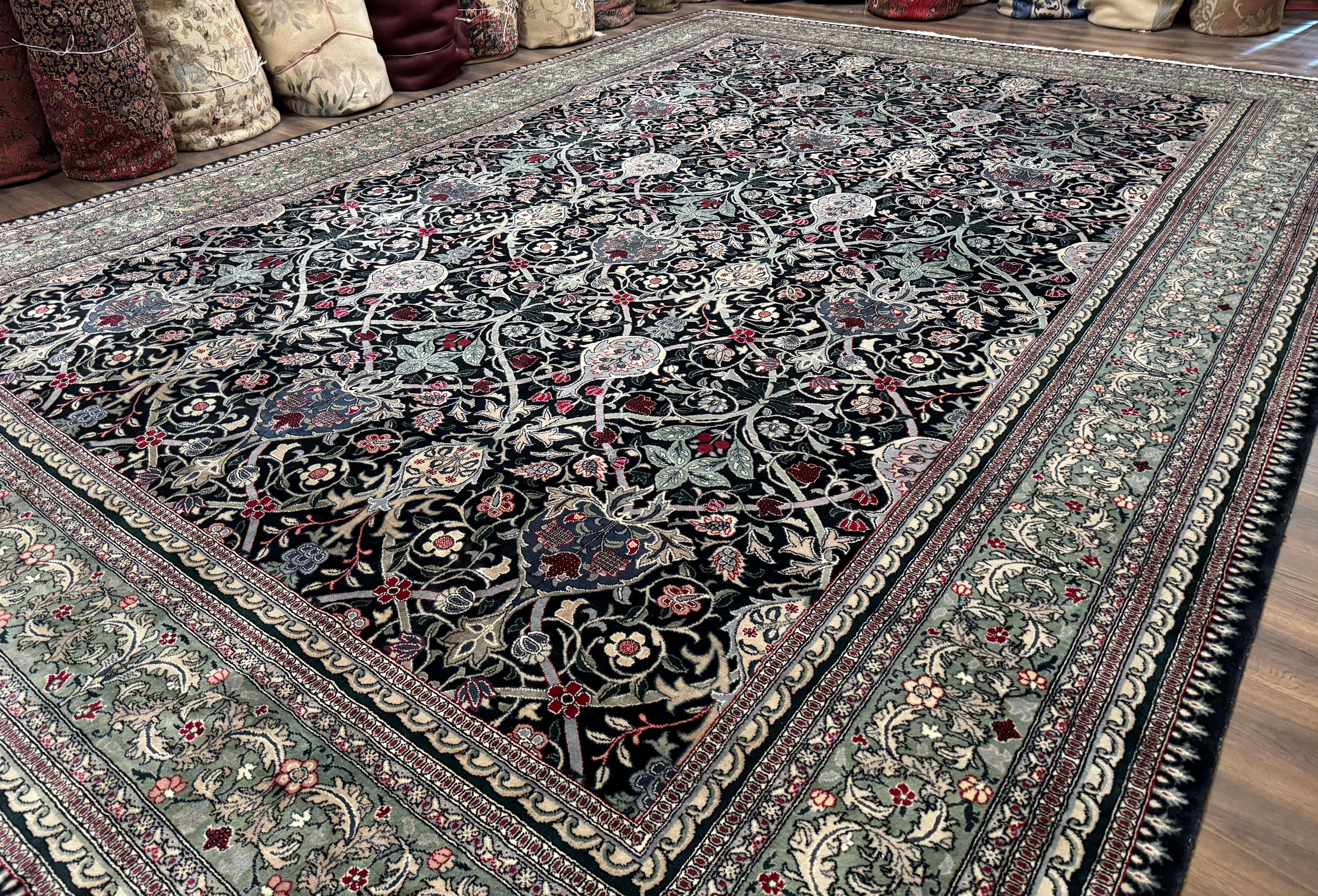 Palace Size Rug 12x17, Pak Persian Wool Carpet, Handmade, Midnight Green, William Morris Allover Pattern - Jewel Rugs