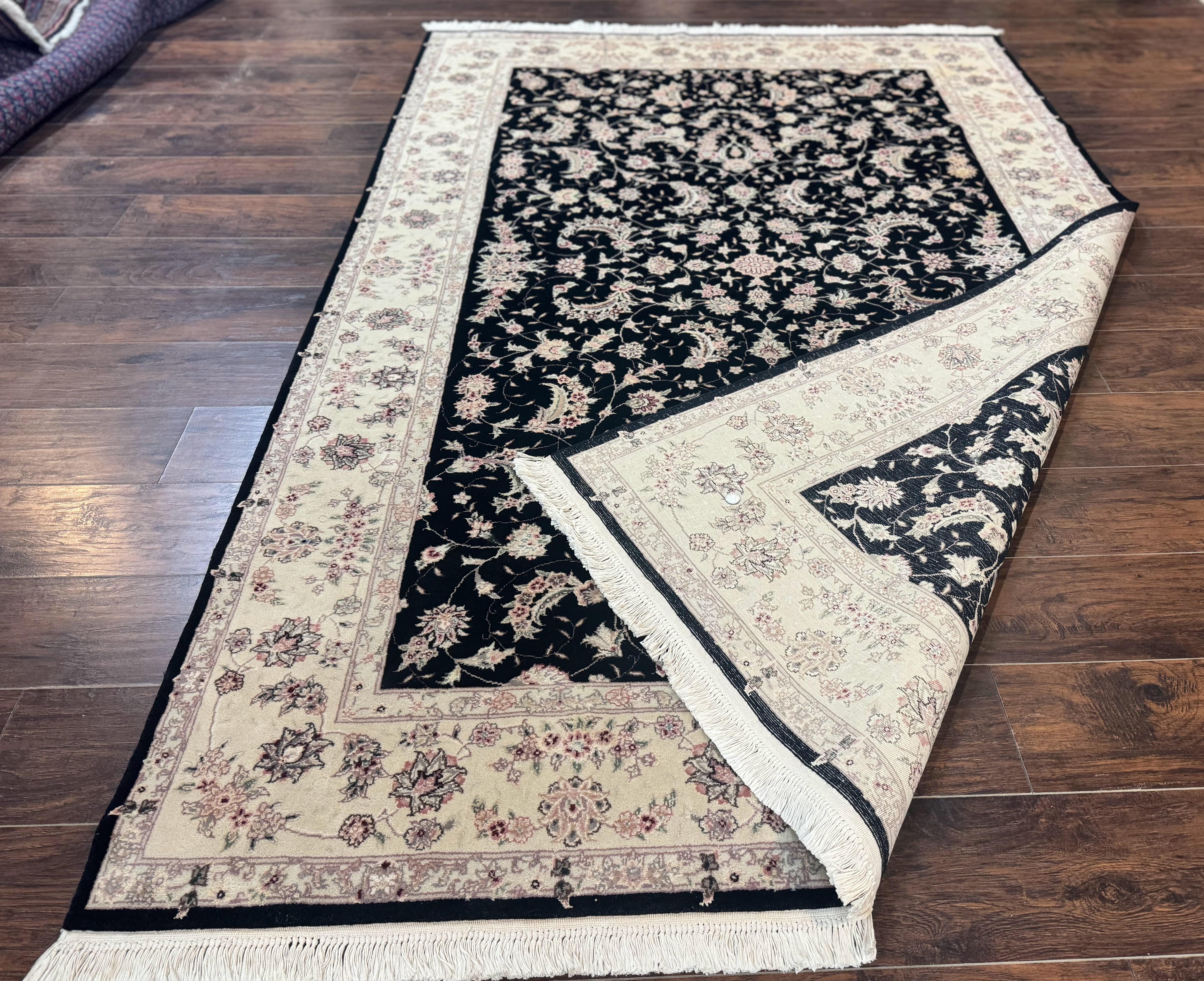 Sino Persian Rug 6x9, Black and Ivory, Wool and Silk Highlights, Handmade - Jewel Rugs