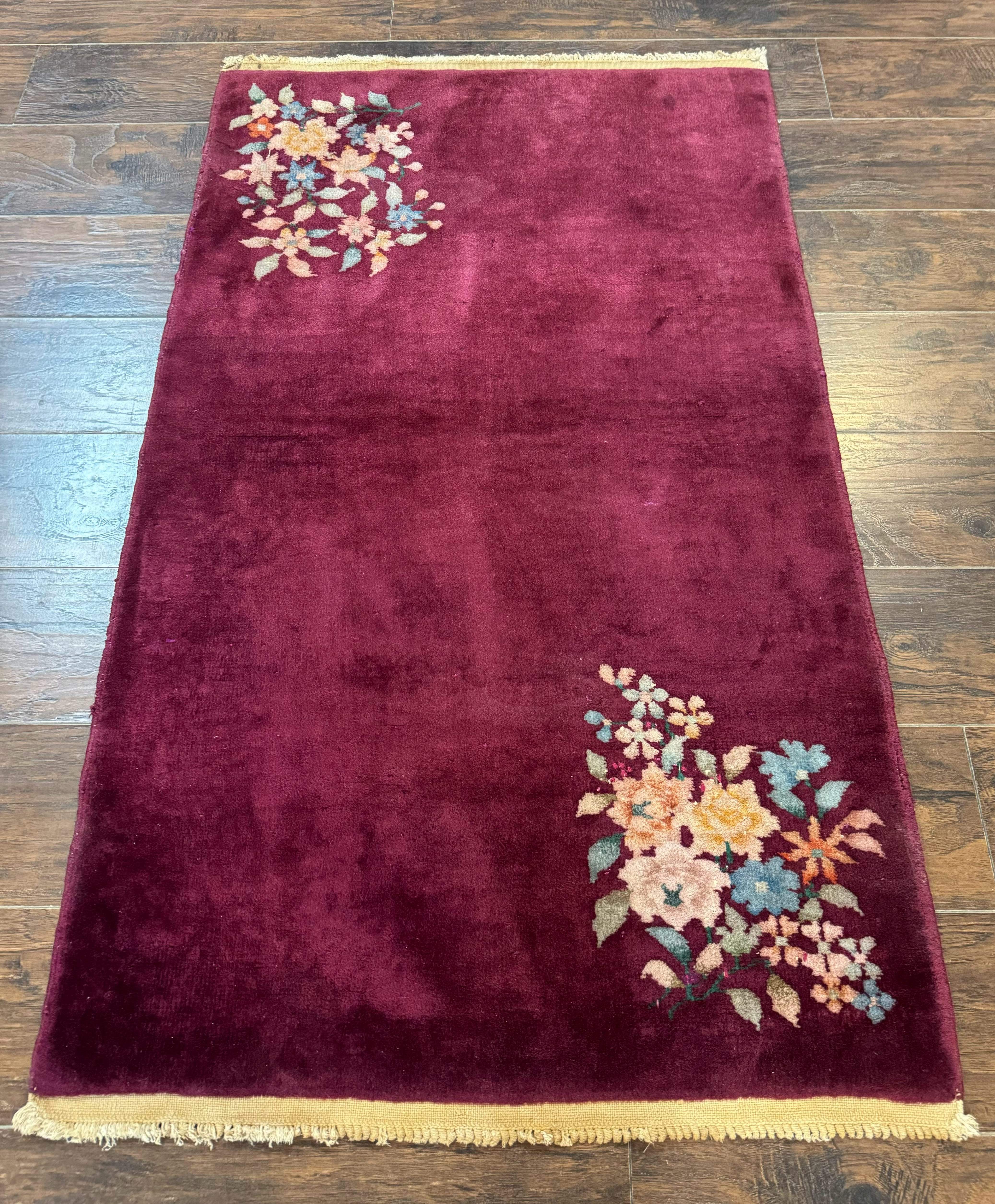 Chinese Nichols Rug 3x5 – Art Deco Carpet, Dark Magenta, Hand-Knotted Wool Vintage Asian Carpet - Jewel Rugs