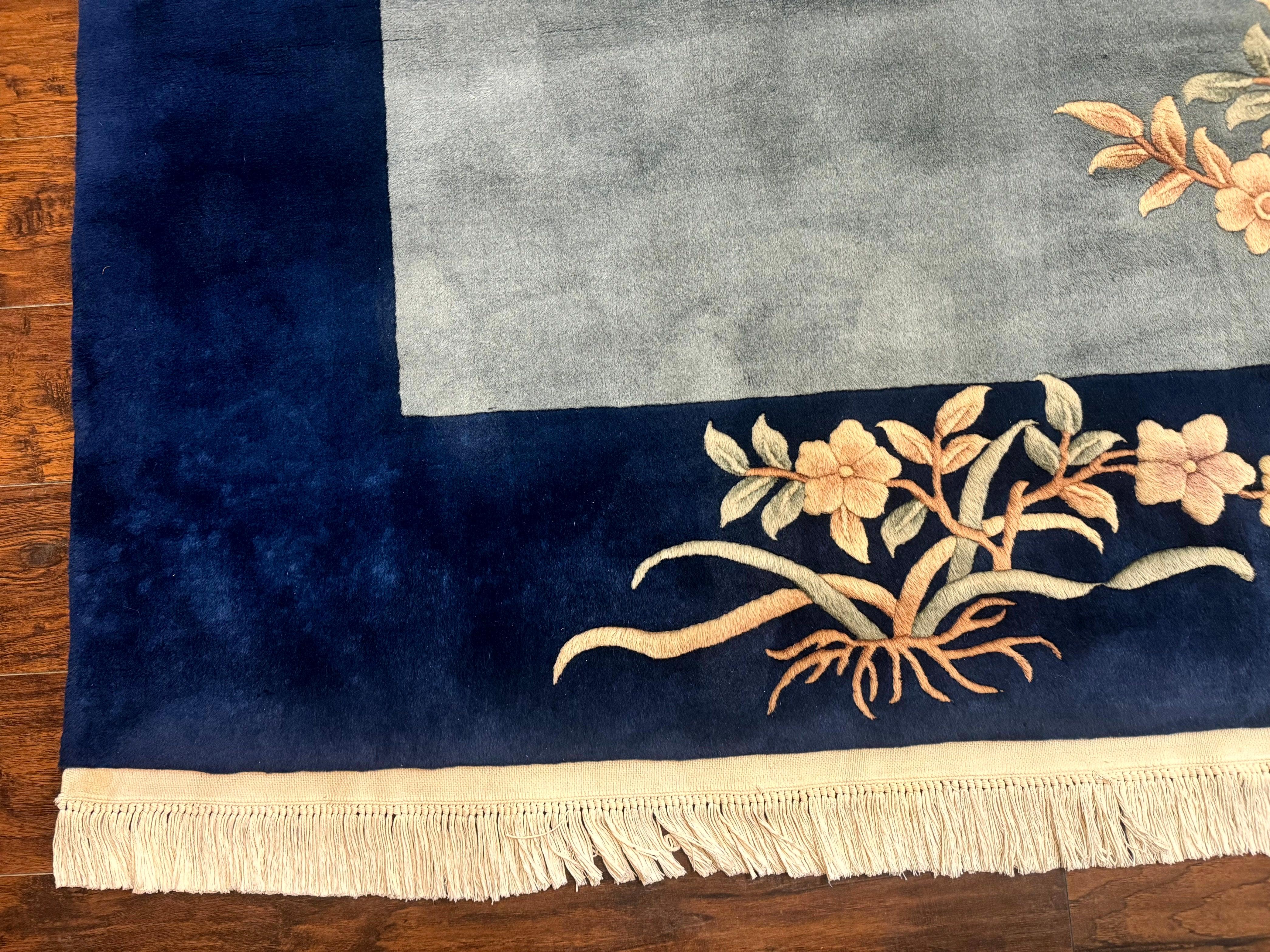 Blue Chinese Wool Rug 8 x 11.5, Open Field, Simple Design, Flowers, 90 Line Rug, Vintage Art Deco Carpet, Asian Oriental Rug - Jewel Rugs