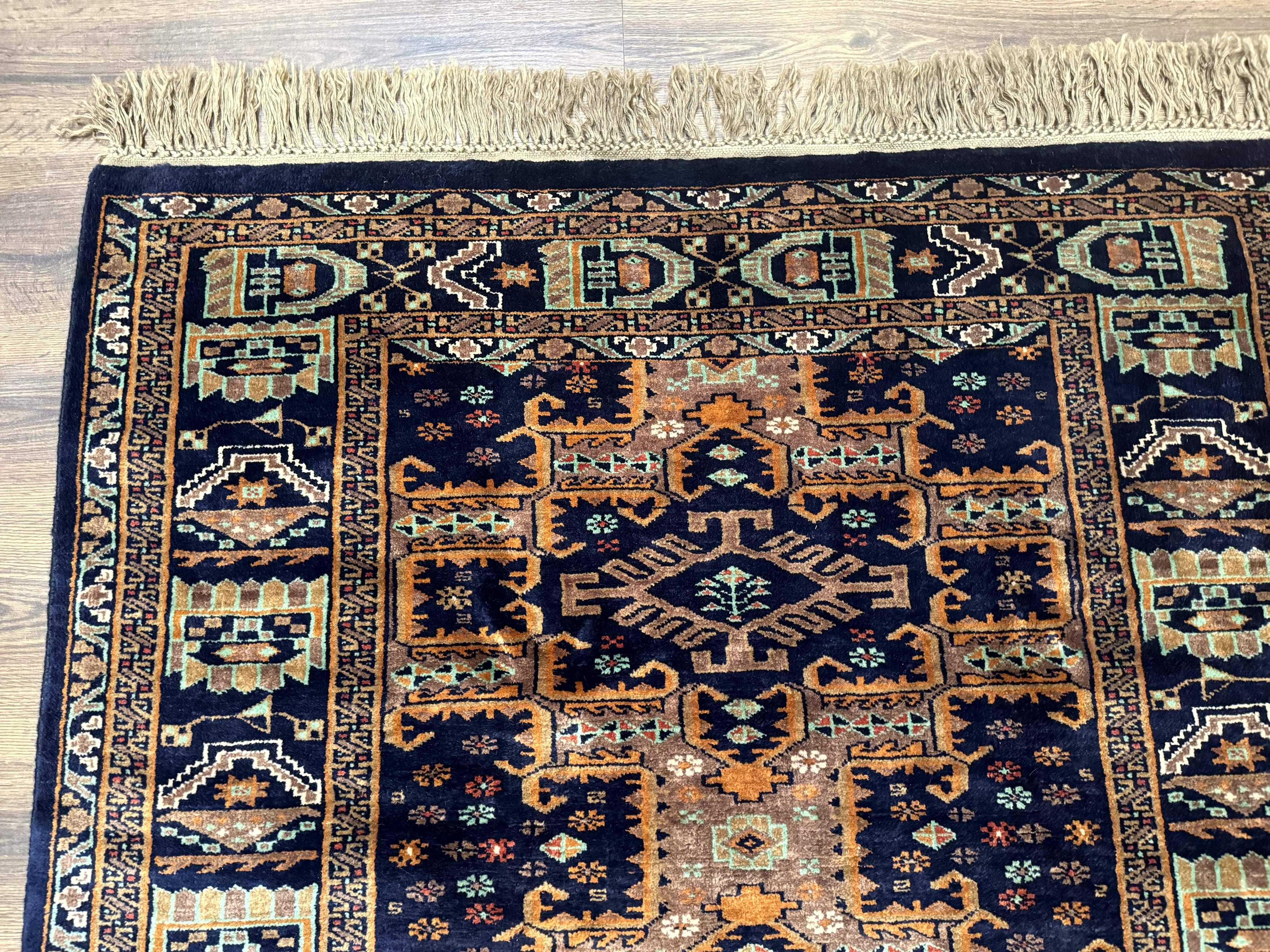 Vintage Afghan Rug 4x6, Navy Blue and Light Brown, Geometric Medallions, Wool on Wool, Tribal Rug - Jewel Rugs