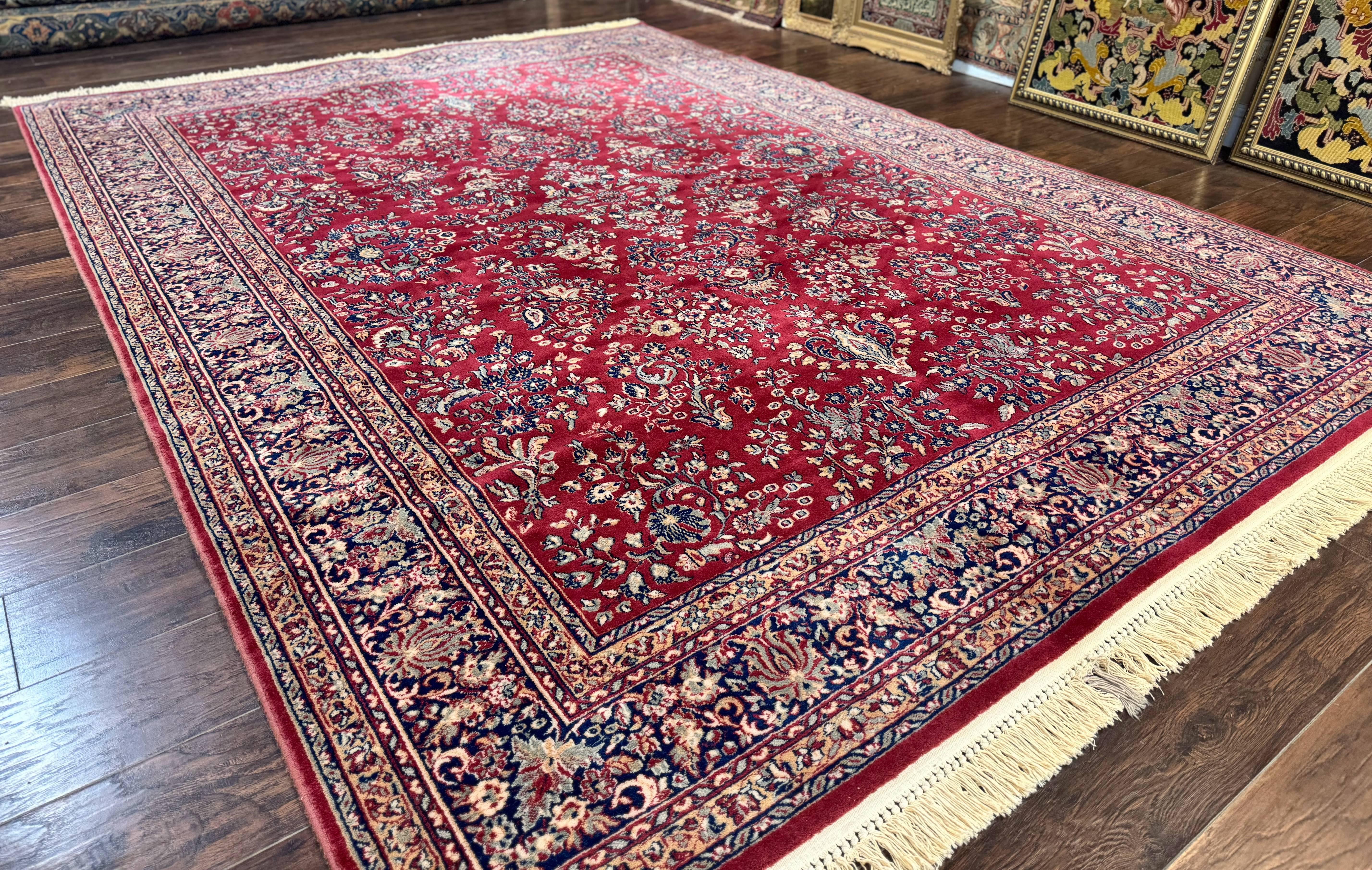 Karastan Rug 8 x 11.6, Rose Sarouk 300-1007, Vintage Wool Karastan Carpet, Beligum Power Loomed Rug, Floral, Red, Wool Pile - Jewel Rugs