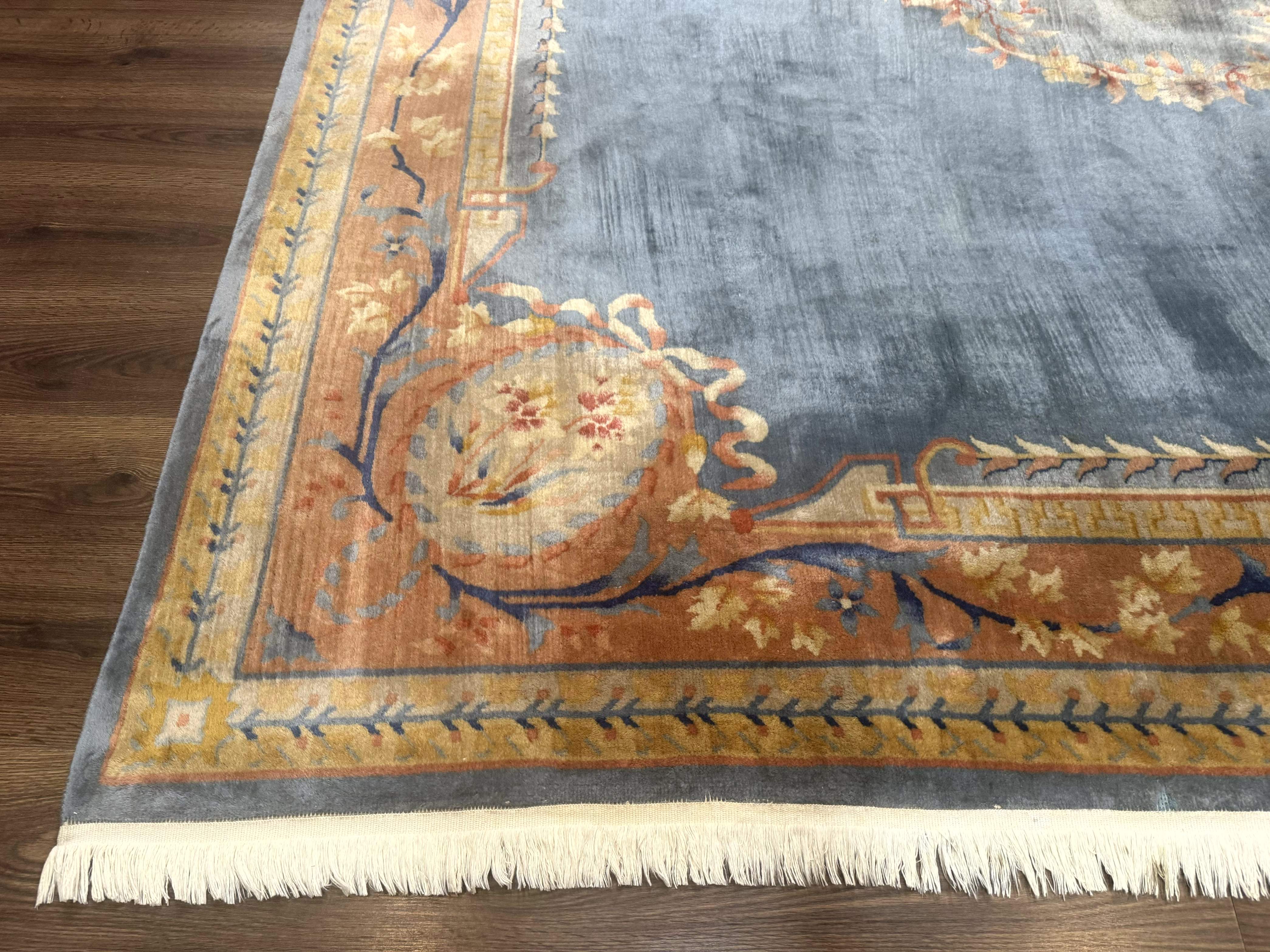 Chinese Aubusson Wool Rug 9x11, Light Blue and Salmon, Hand Knotted, Soft Pile - Jewel Rugs
