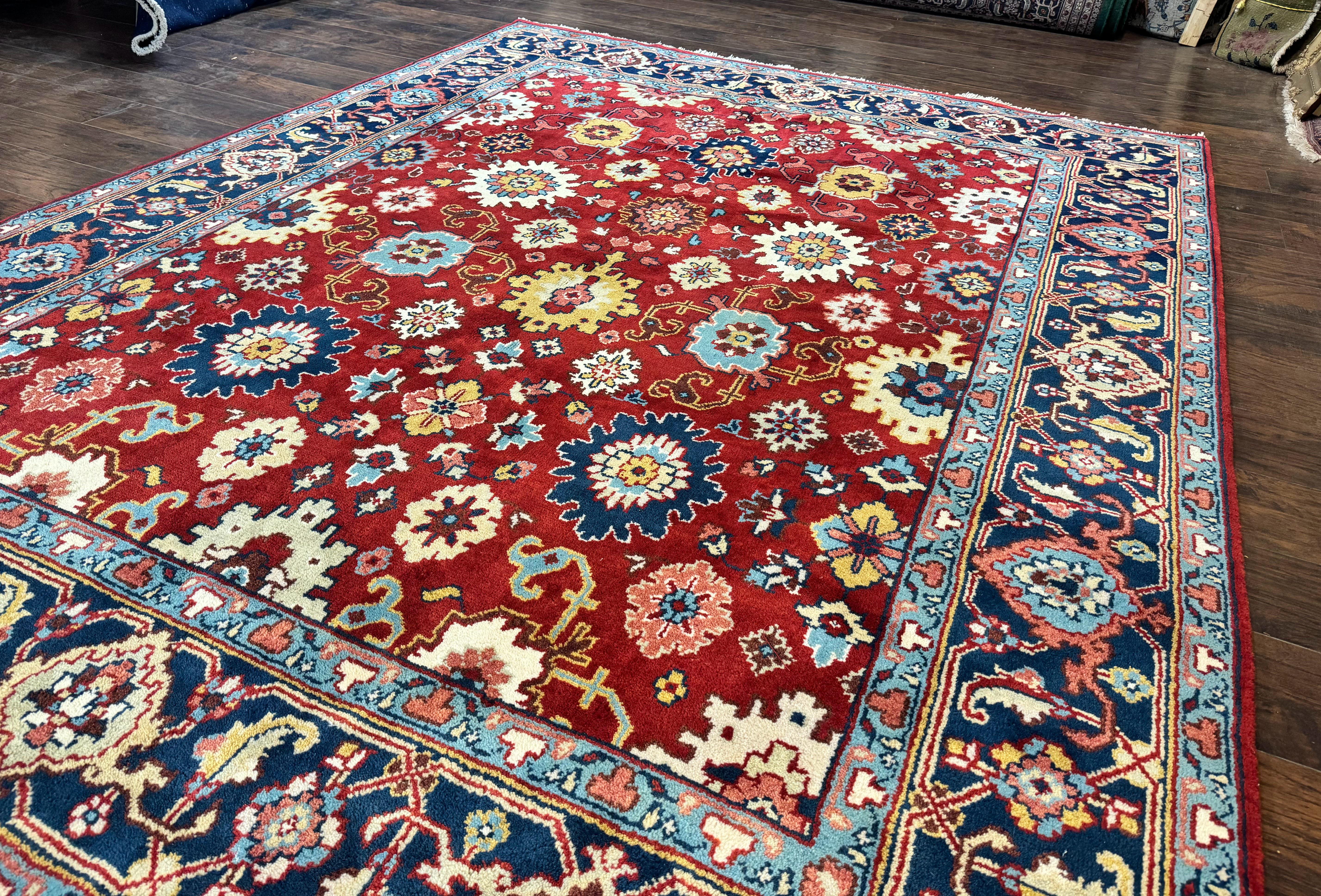 Indo Heriz Rug 8x10, Red and Navy Blue, Allover Pattern, Wool Handmade Carpet - Jewel Rugs