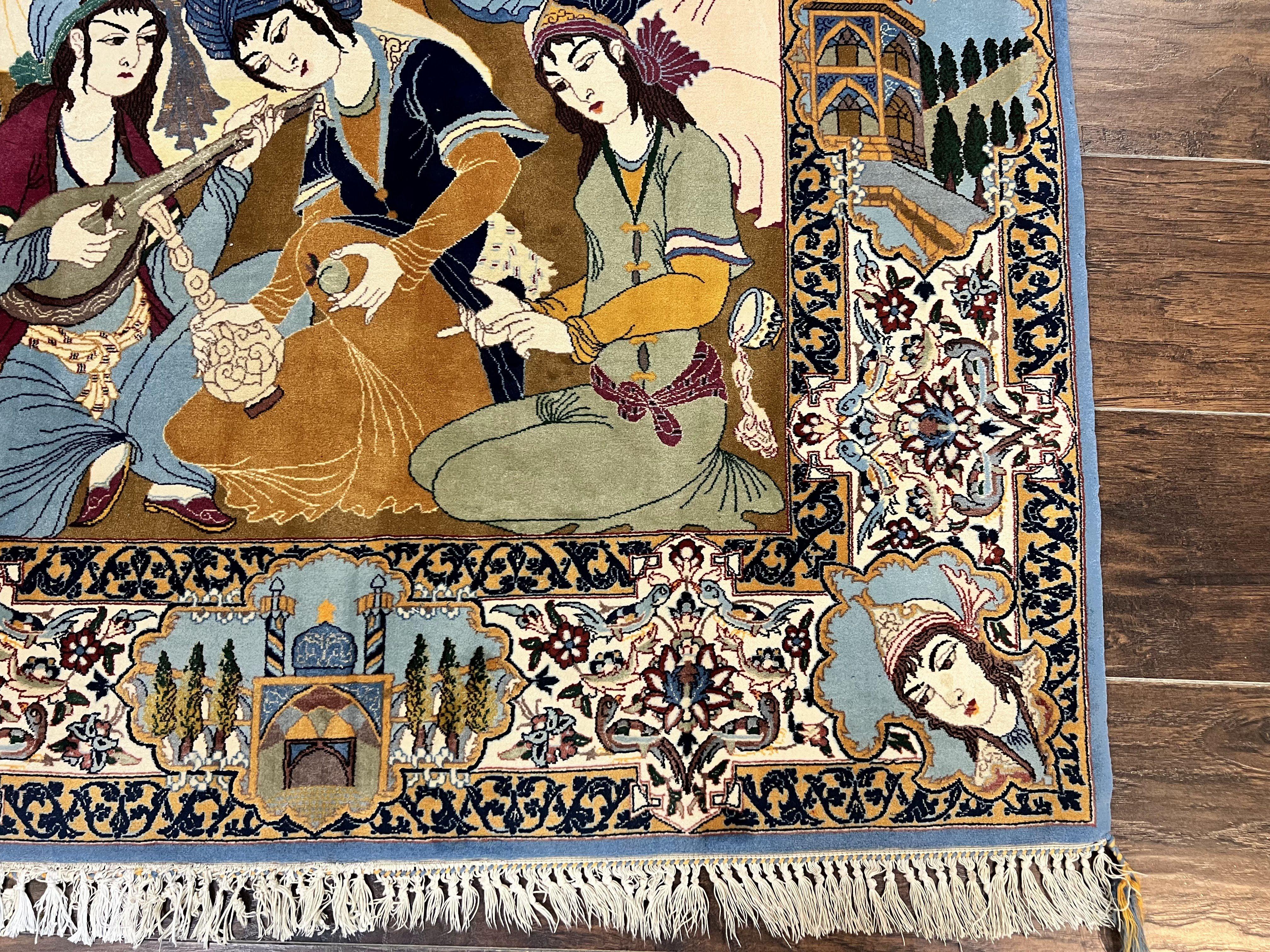 Persian Isfahan Pictoral Rug 3x6, Kork Wool on Silk Foundation, Handmade Vintage Carpet, 550 KPSI Super Fine, Lovers Palace Instruments - Jewel Rugs