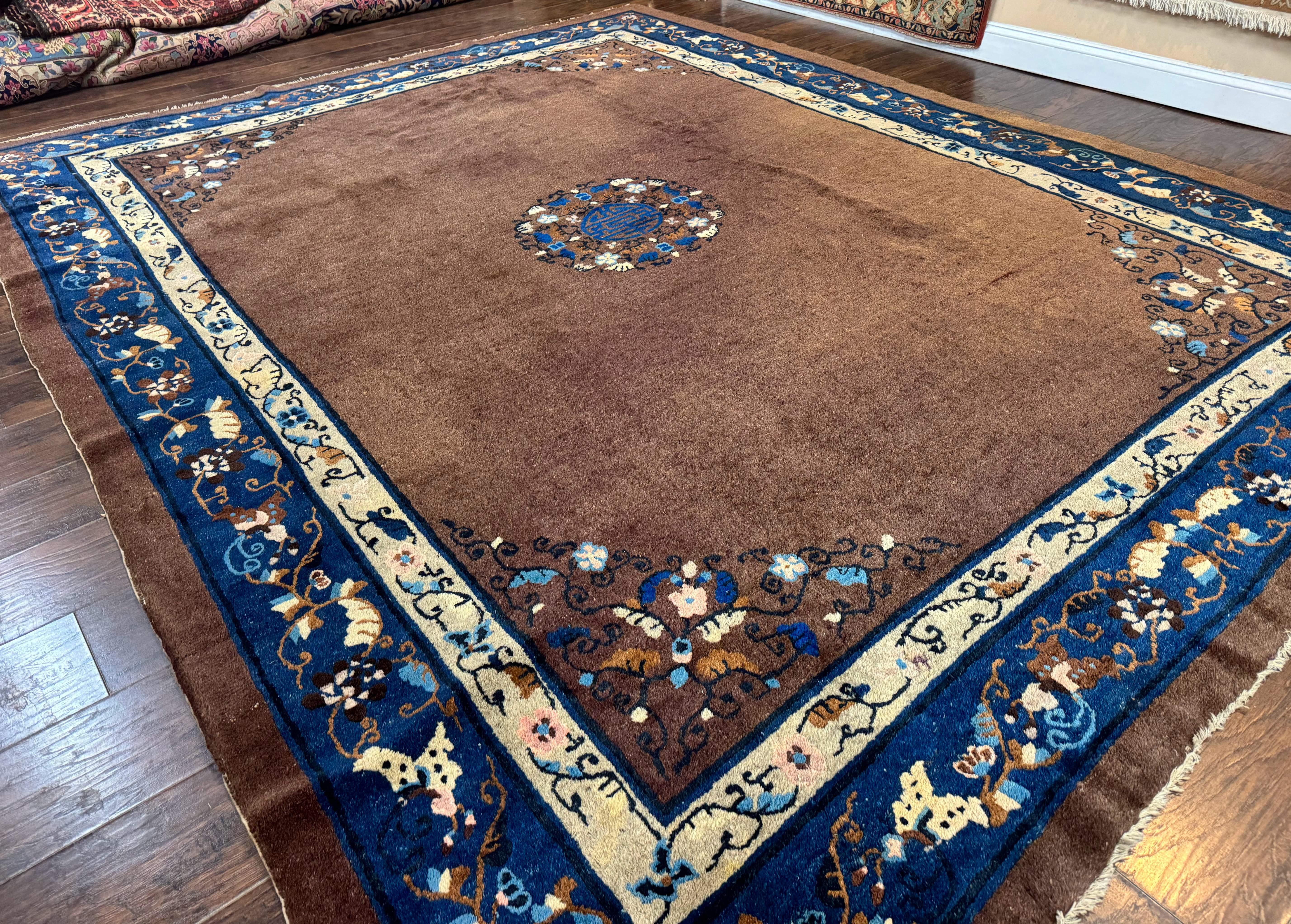 Antique Chinese Wool Rug 9x11, Large Chinese Art Deco Rug, Peking Rug, Brown and Blue, Open Field, Fete Rug - Jewel Rugs