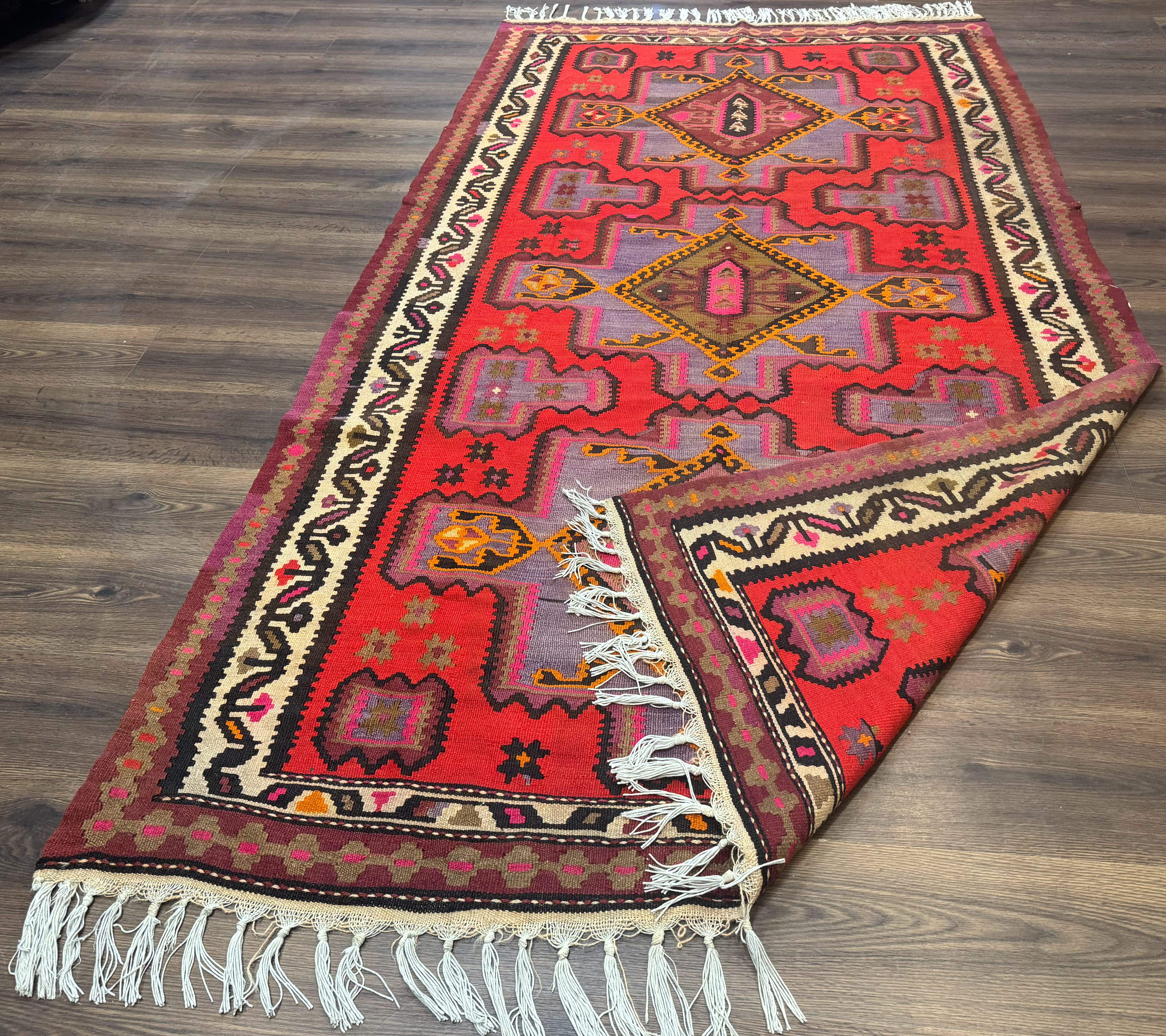 Persian Kurdish Zarand Kilim Rug 5x9, Red, Geometric Medallions, Wide Runner - Jewel Rugs