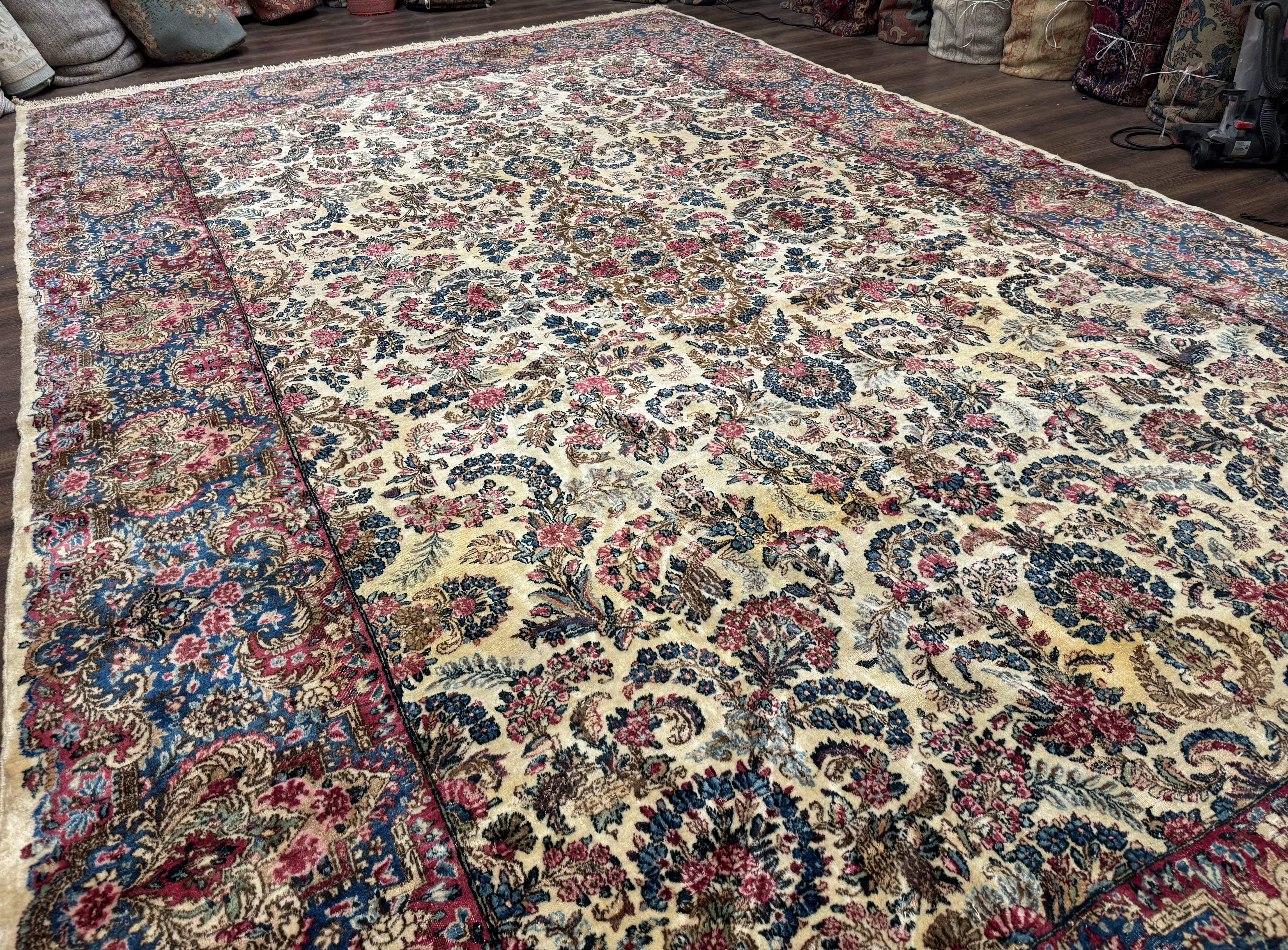 Palace Size Persian Kerman Rug 11x18, Ivory Blue Pink, Floral, Wool, Antique, 200 KPSI - Jewel Rugs