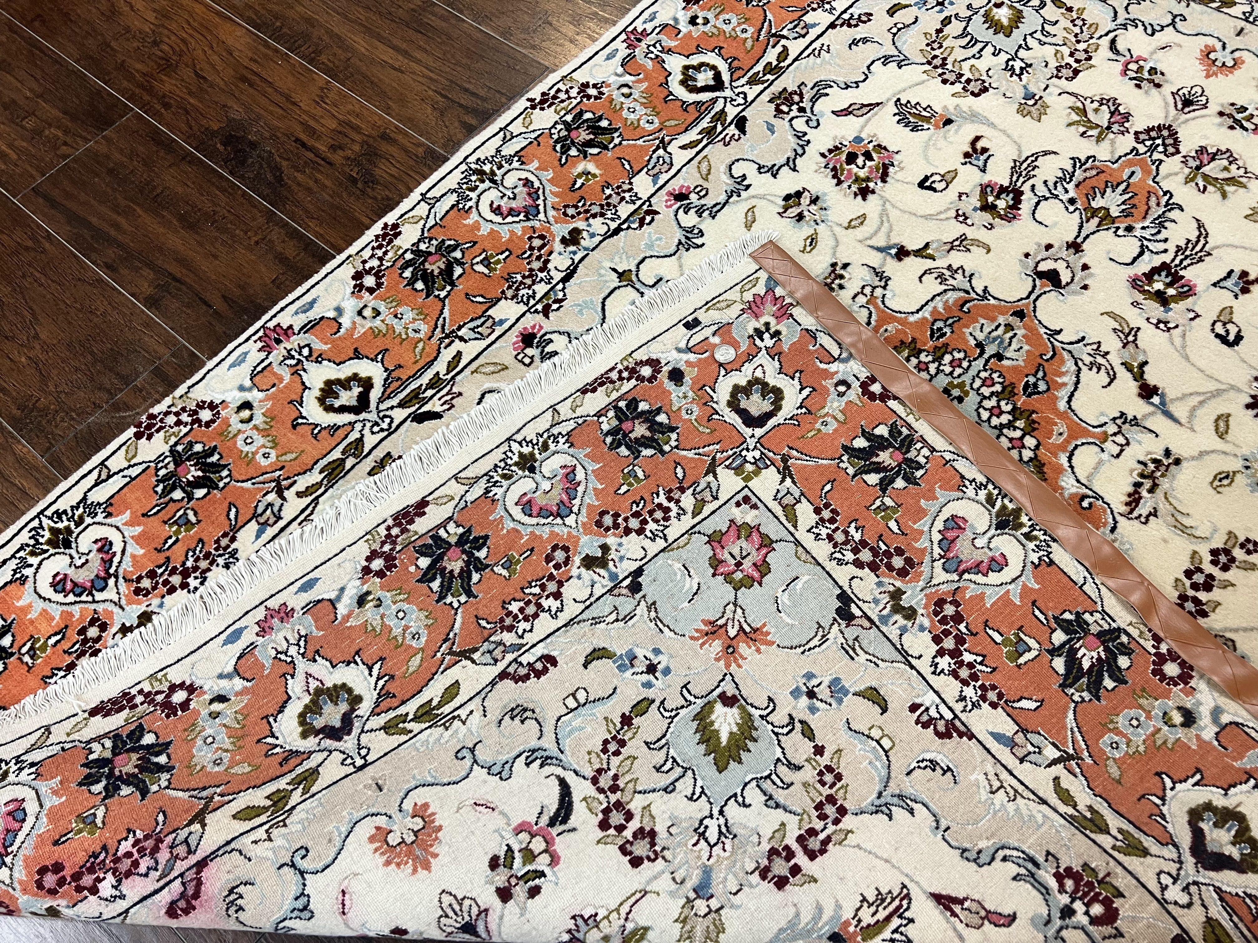 Persian Tabriz Rug 4.5 x 6.8, Finely Hand Knotted Wool with Silk Highlights Vintage Oriental Carpet, Cream and Salmon, High KPSI, Floral Medallion - Jewel Rugs