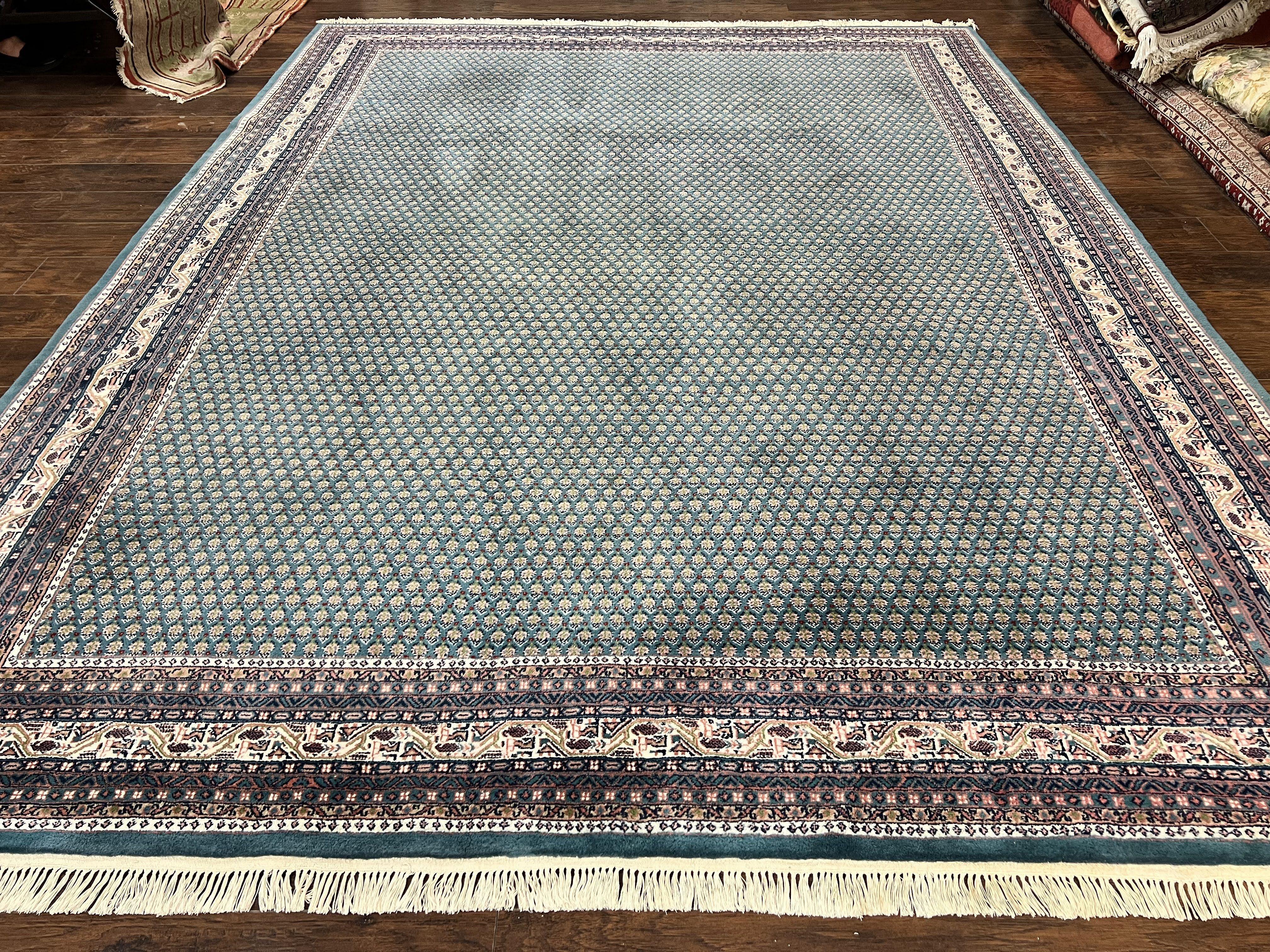 Indo Persian Sarouk Mir Rug 9x12, Green and Cream/Beige, Repeated Boteh Paisley Design, Soft Wool Handmade Hand Knotted Indian Oriental Rug - Jewel Rugs