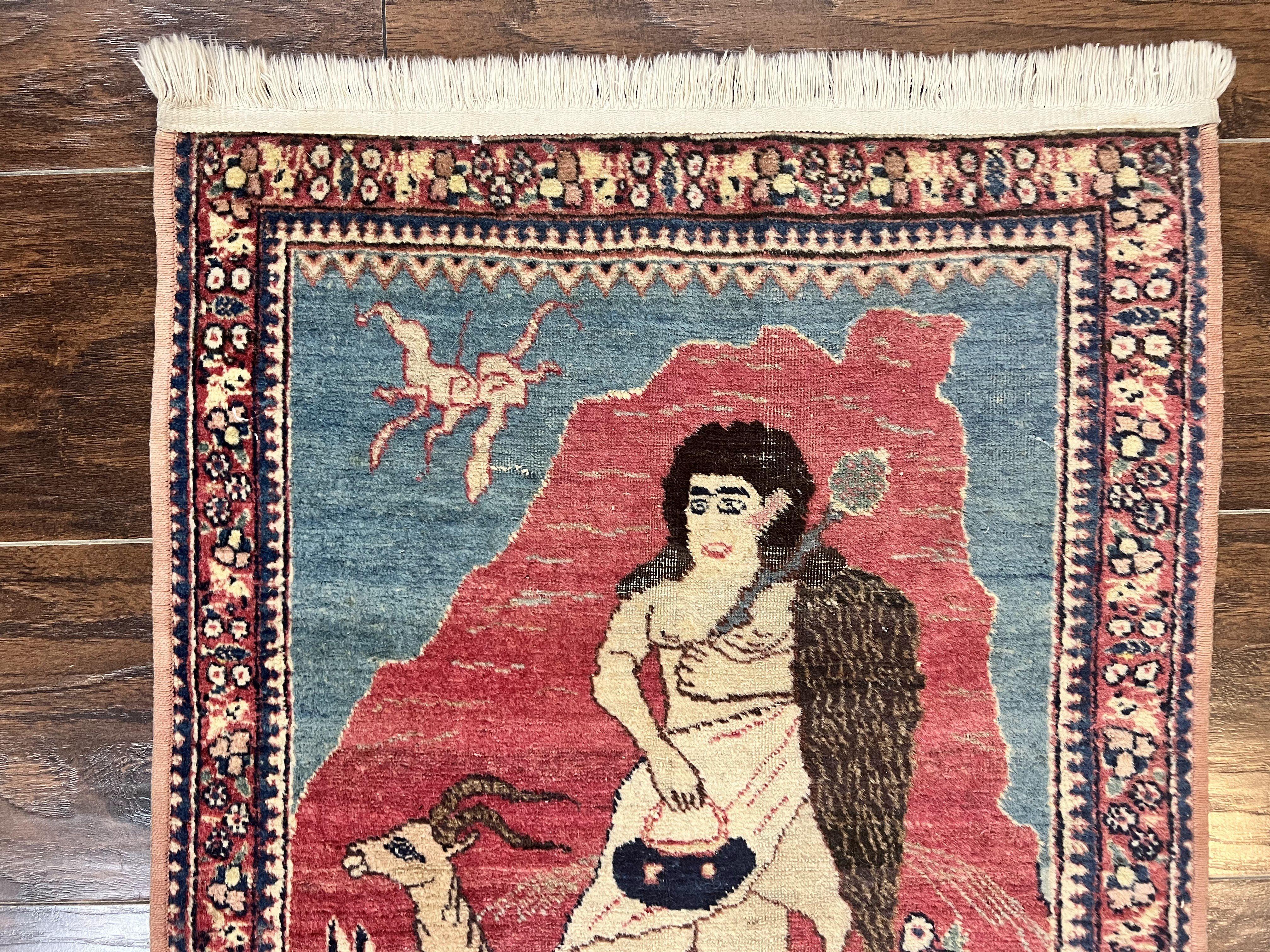 Antique Persian Kirman Rug 2 x 2.5, Small Hand Knotted Wool Carpet, Lavar Rug, Shepherd with Ram Pictorial Rug #1 - Jewel Rugs