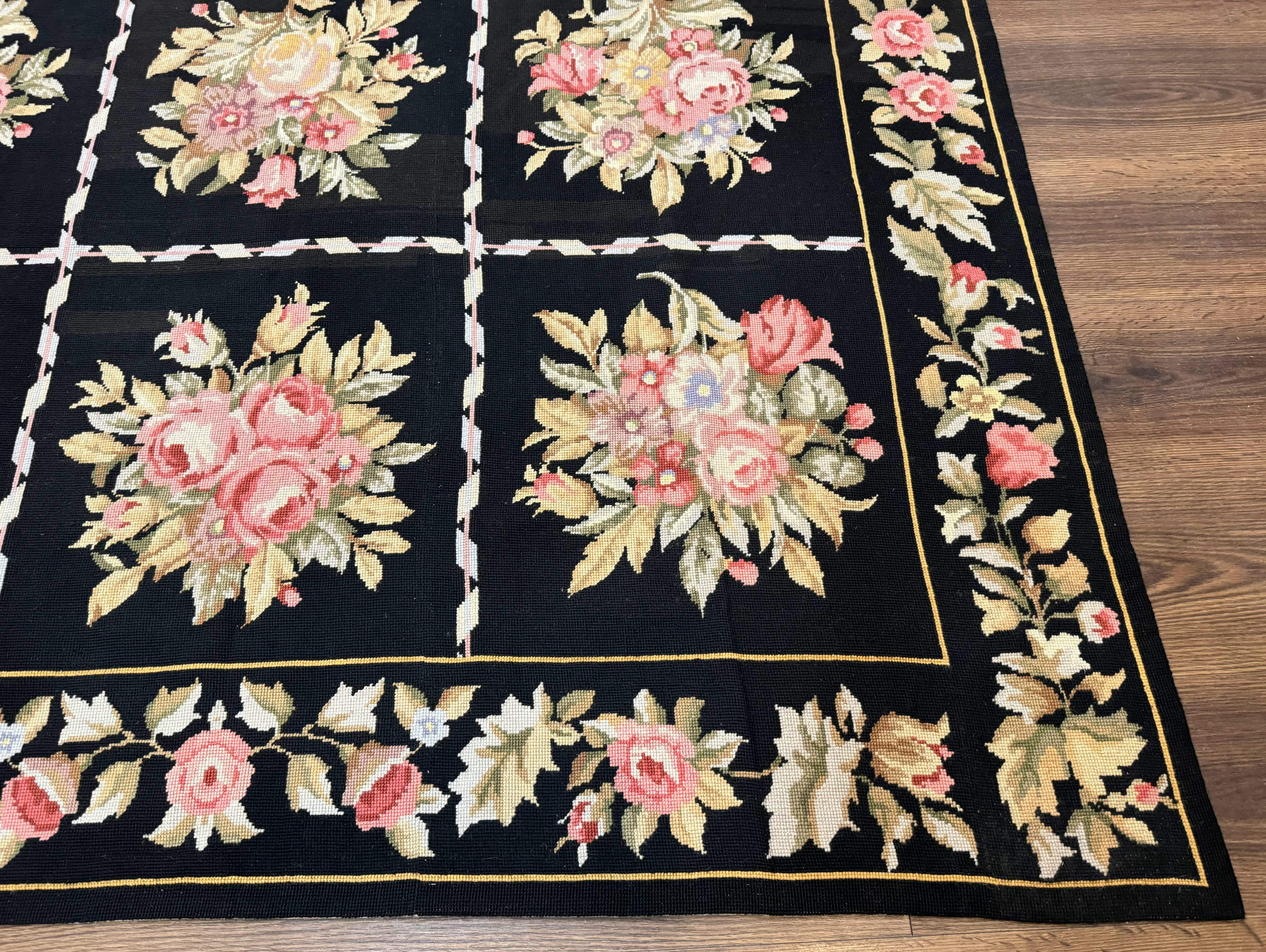 Black Floral Needlepoint Rug 5x9, European Panel Design, Vintage Carpet - Jewel Rugs