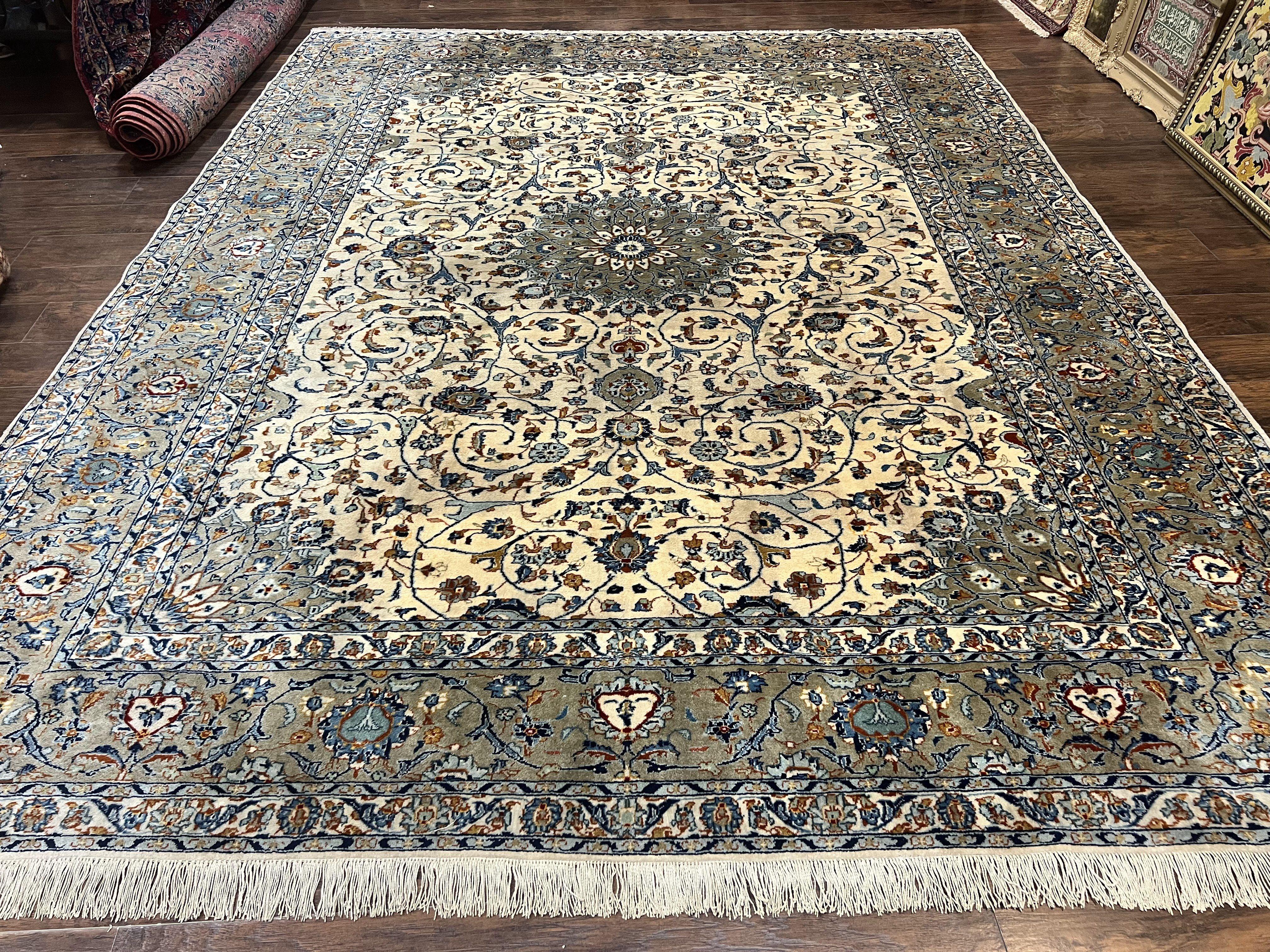 Persian Kashan Rug 10x13, Floral Medallion, Cream, Hand Knotted Antique Persian Carpet, Large Wool Rug - Jewel Rugs