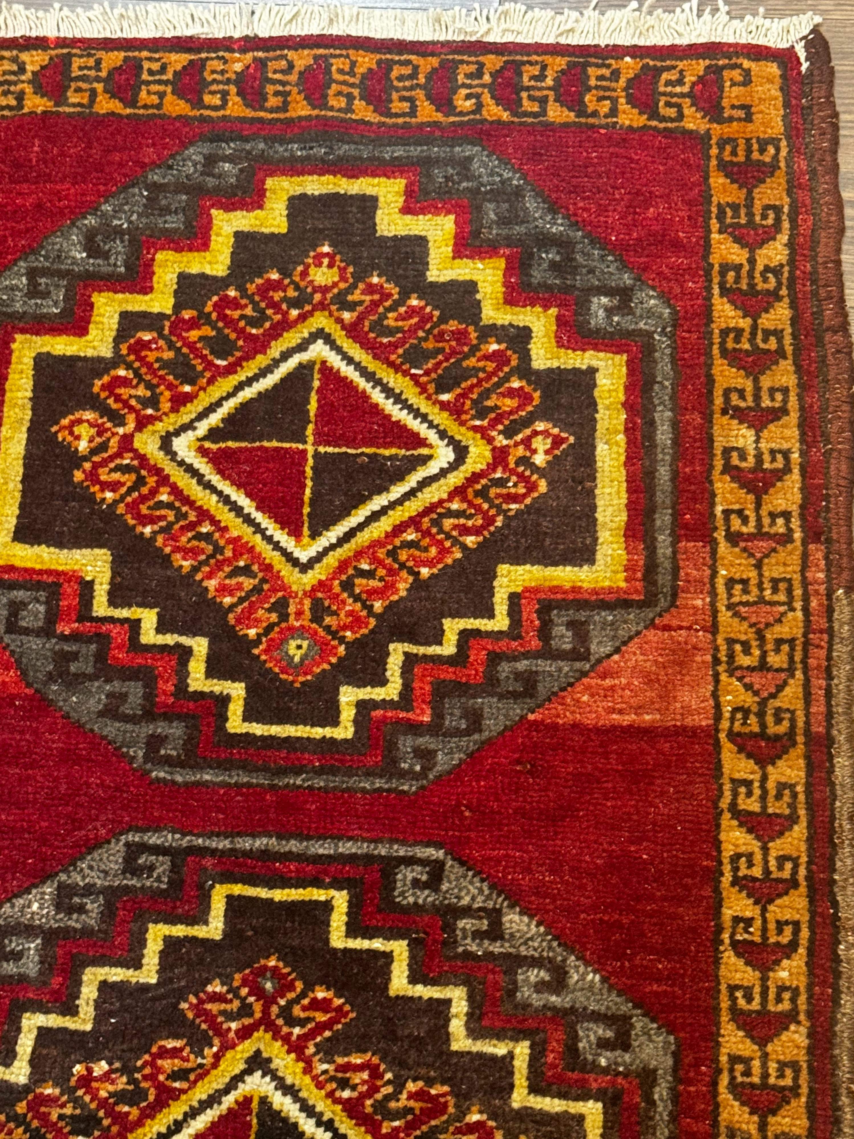 Small Antique Turkish Yastik Rug 2x3, Double Medallions, Geometric, Red, Wool - Jewel Rugs