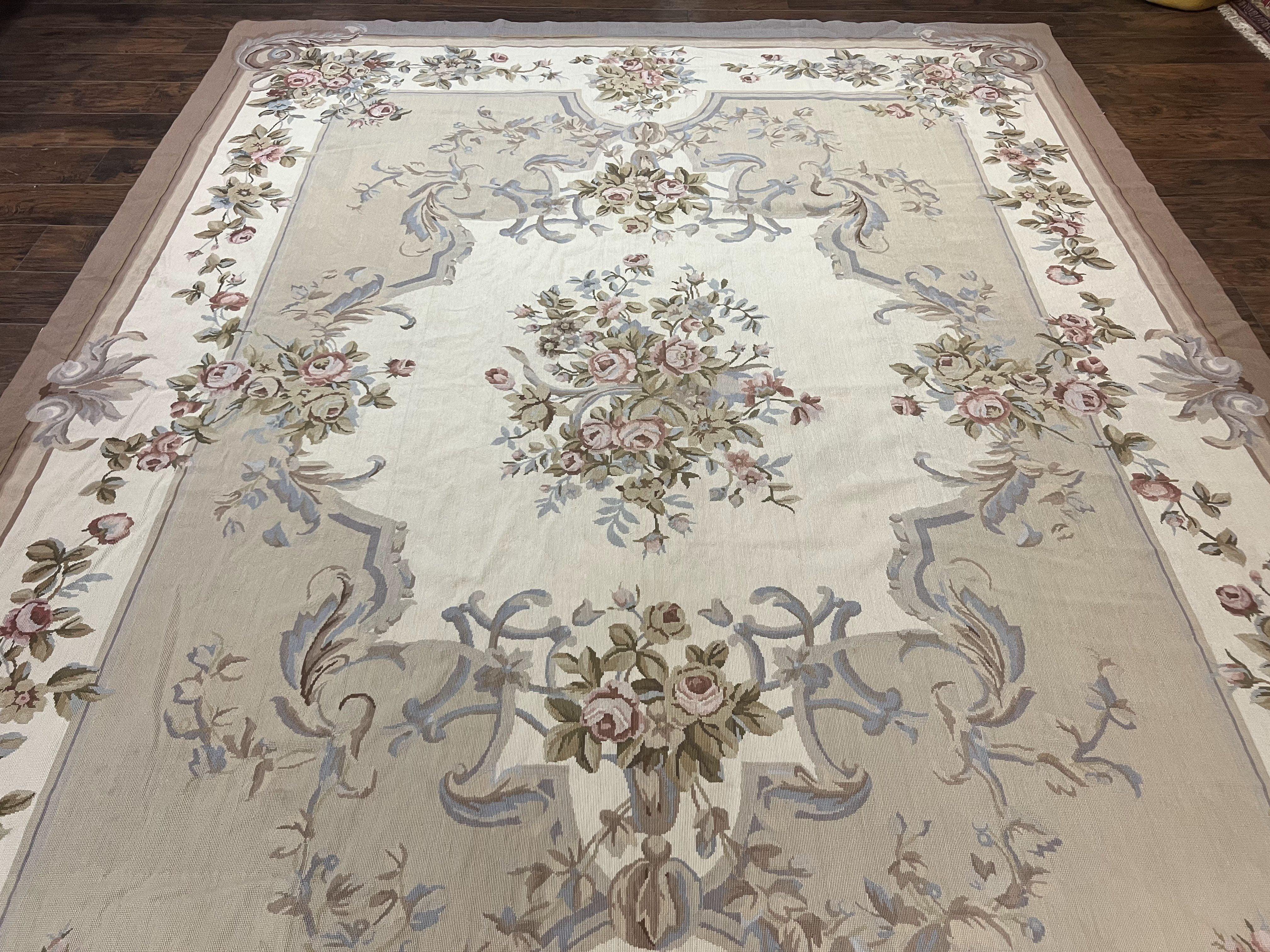 Aubusson Needlepoint Rug 9x12, VIntage Handmade Wool Beige Floral European Elegant Rug 9 x 12, Floral Roses - Jewel Rugs
