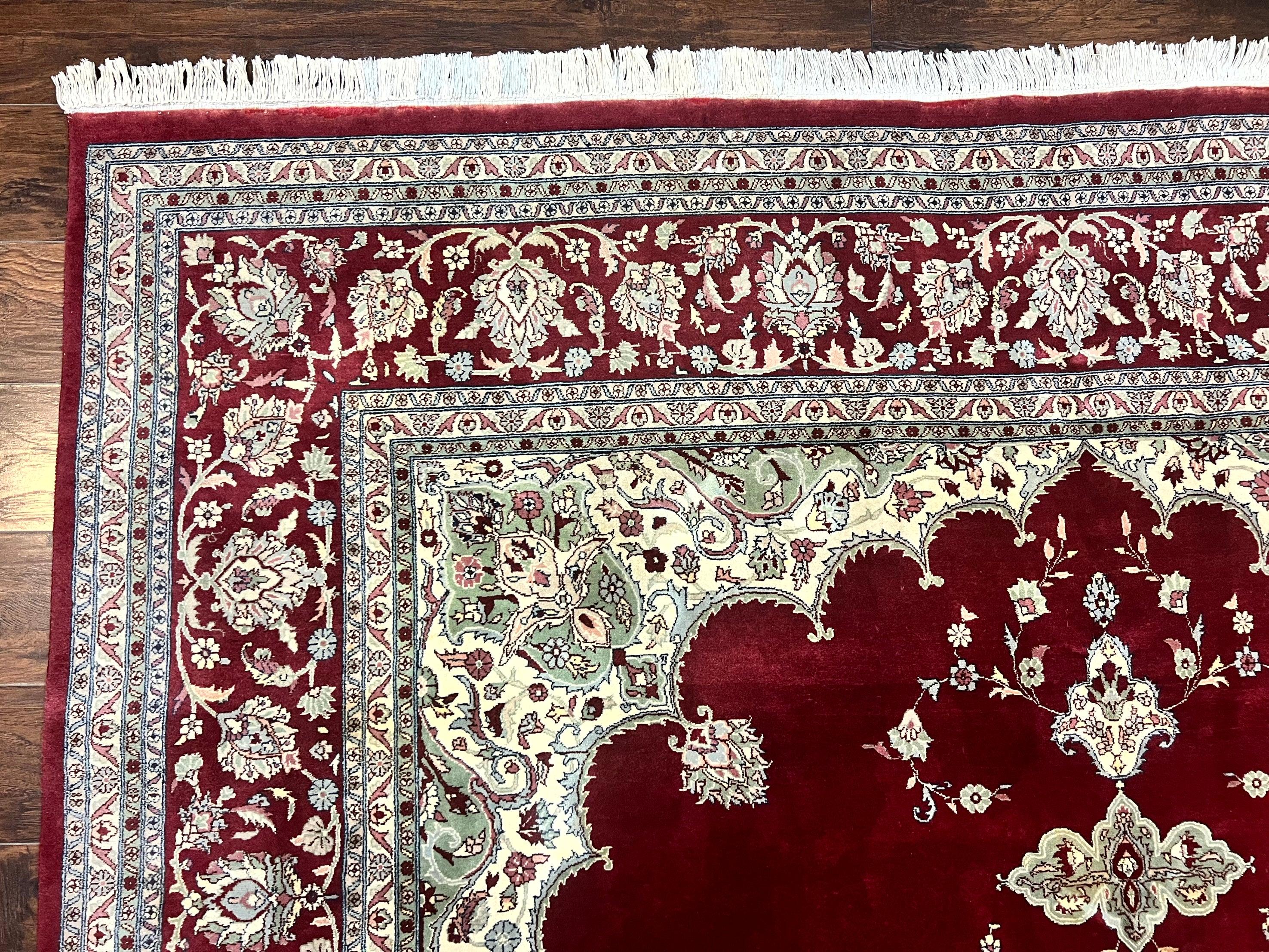 Pak Persian Rug 9x12, Handmade Vintage Traditional Wool Carpet, Floral Medallion, Dark Red Ivory/Cream, Fine 250 KPSI - Jewel Rugs