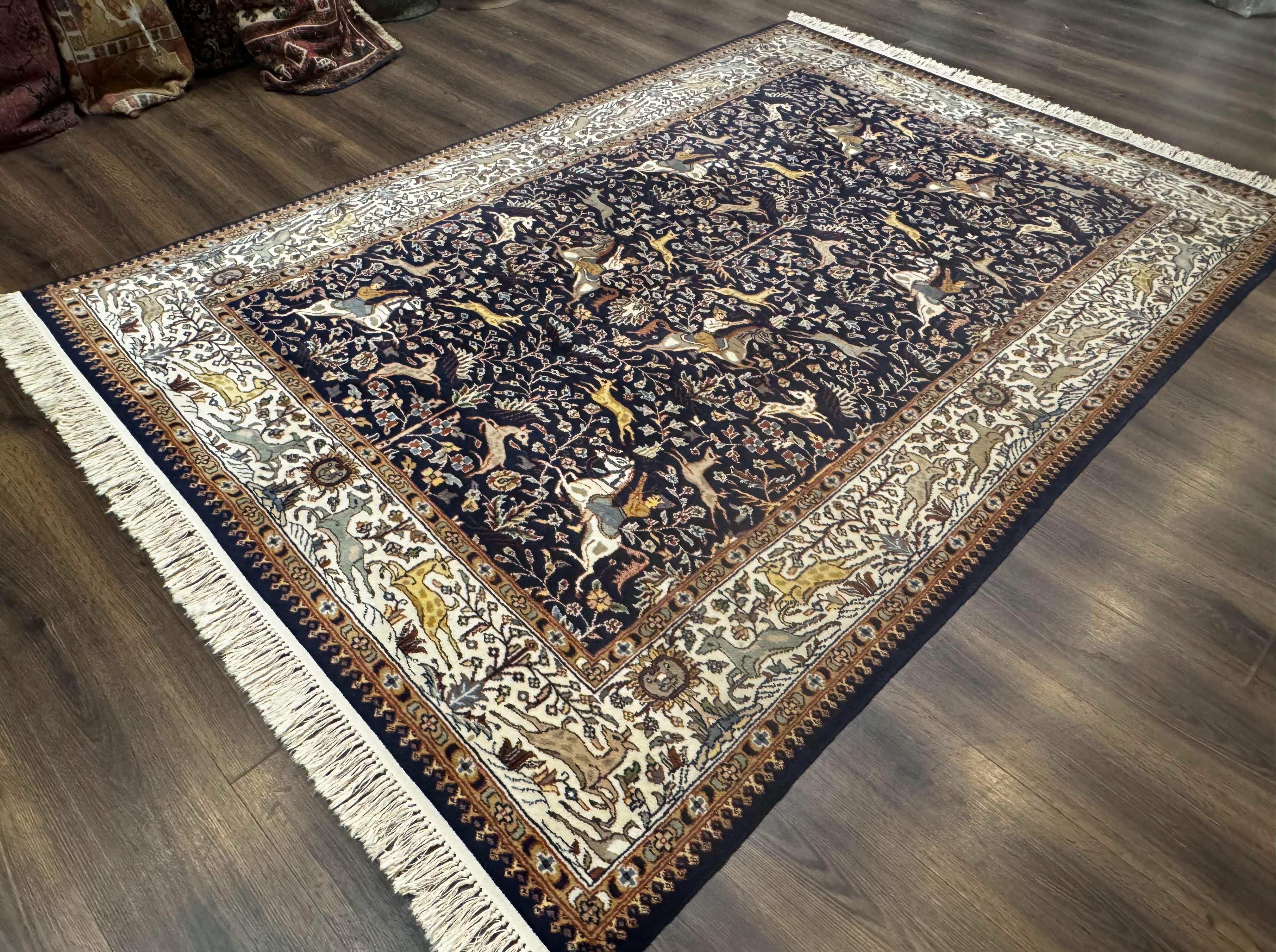 Indian Kashmiri Rug 6x9, Navy Blue and Ivory, Tree of Life, Hunting Design, Animal Pictorials, Horse Deer - Jewel Rugs