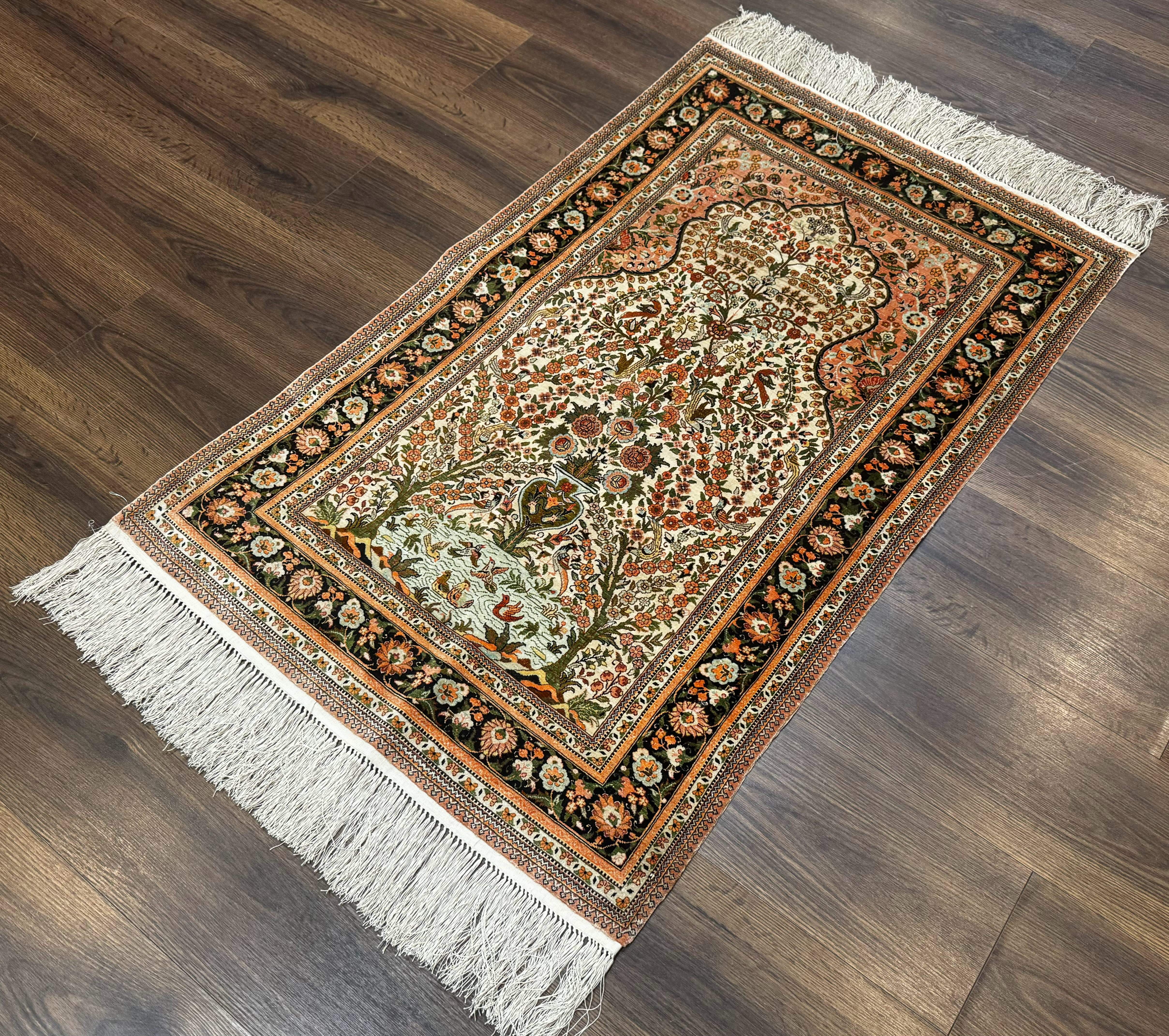 Exceptional Silk Rug 2.6 x 4, Very Fine 630 KPSI, Persian Vase Tree of Life Bird Pictorials, Handmade - Jewel Rugs