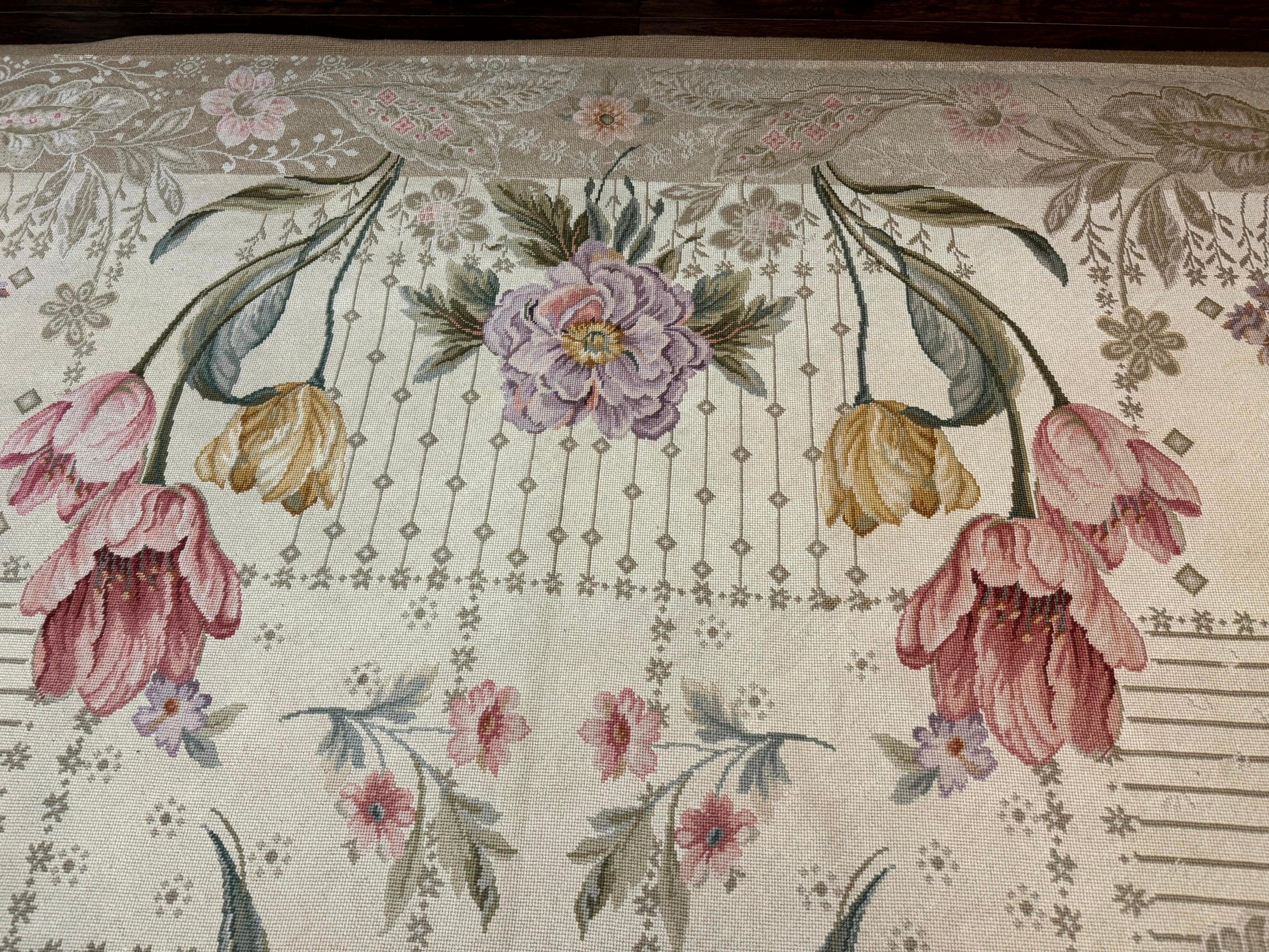Needlepoint Rug 10x14, Petitepoint Carpet, Floral, Elegant, European Design, Beige Pink Lavender, Large Flowers - Jewel Rugs