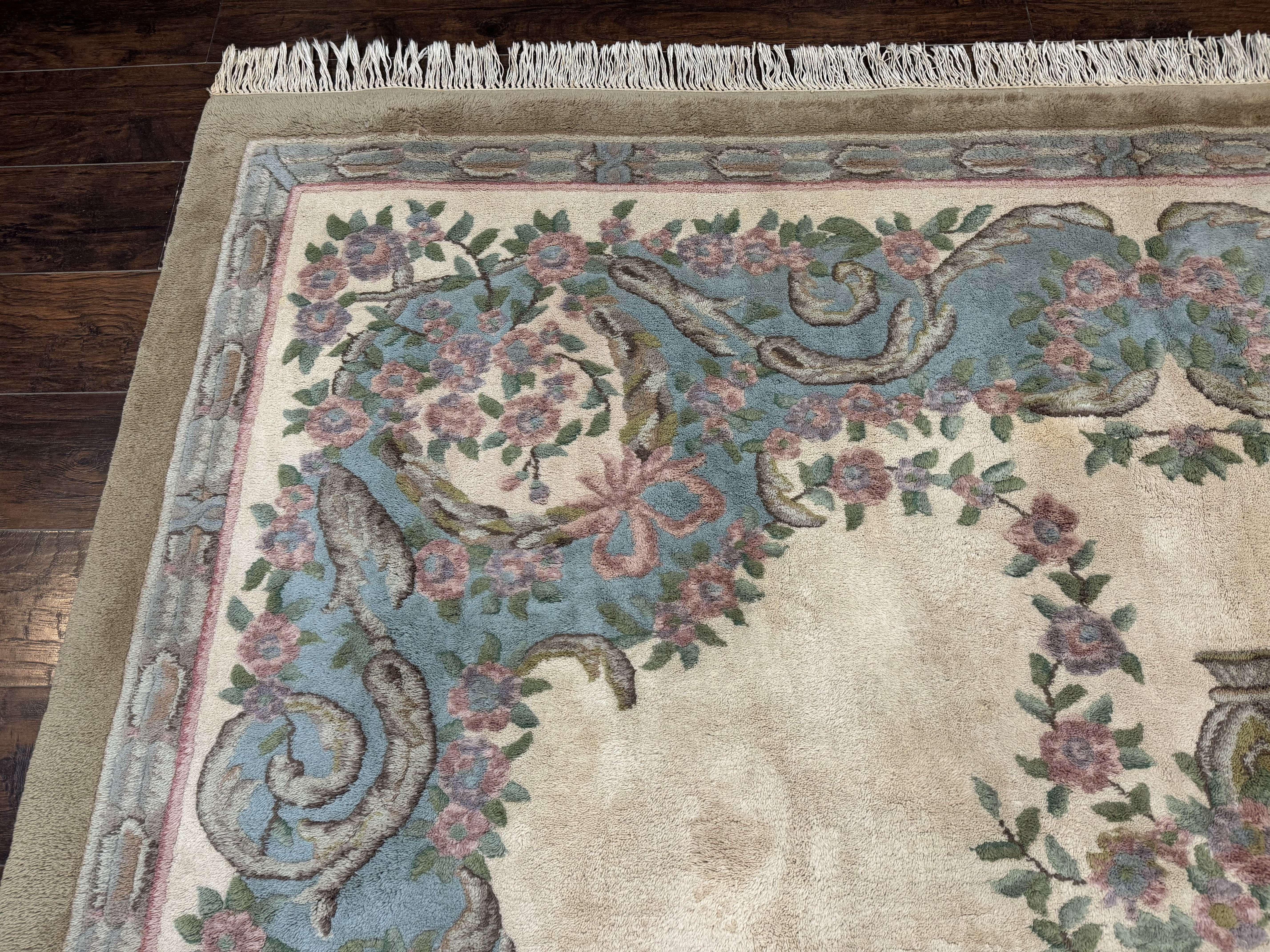 Indo Chinese Aubusson Rug 9x12, Beige and Light Blue, European Design, Wool Area Rug - Jewel Rugs