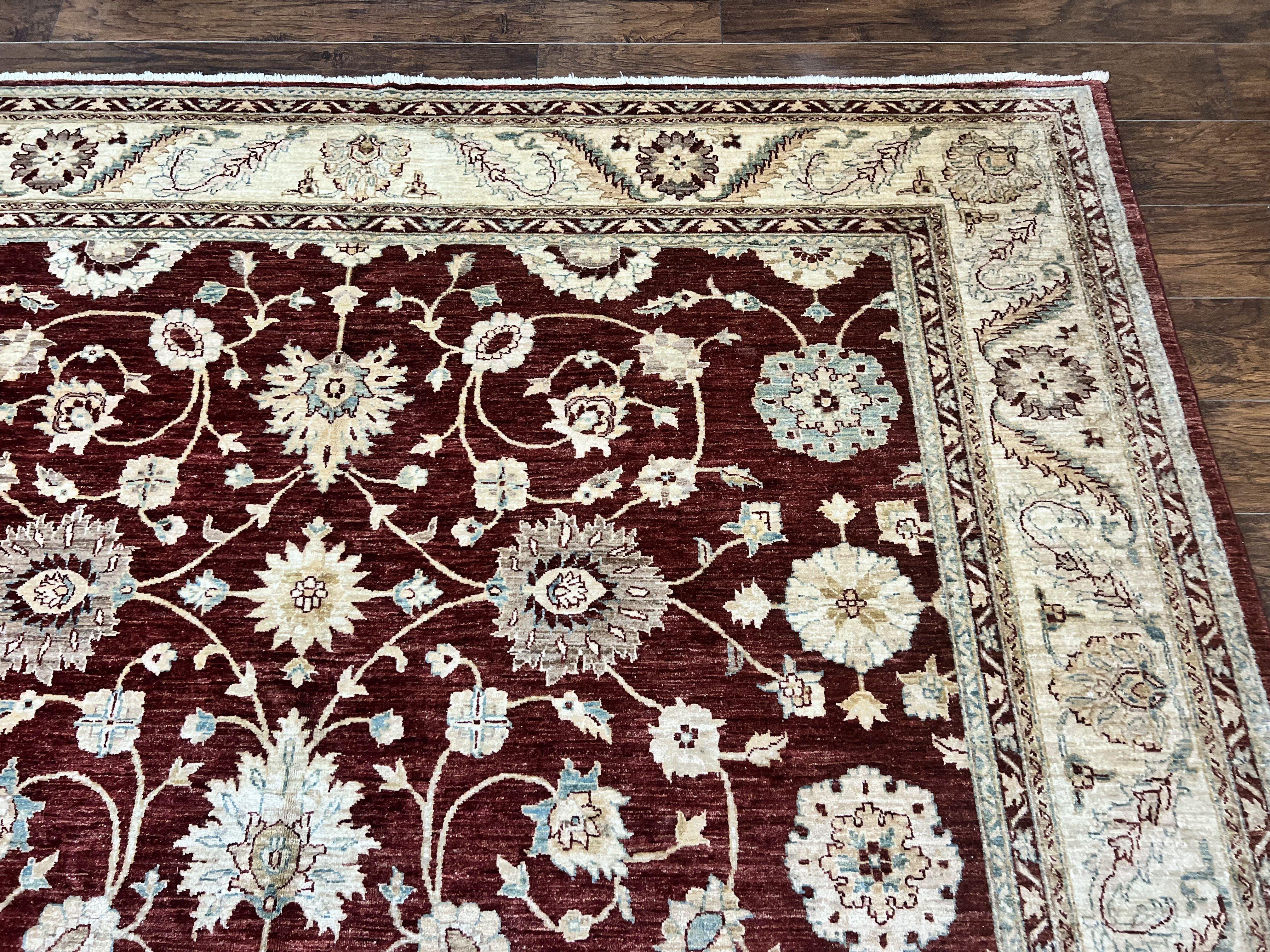 Peshawar Rug 9x11, Pakistani Oriental Carpet, Maroon and Beige, Floral Allover, Wool Hand Knotted Handmade Vintage Rug - Jewel Rugs
