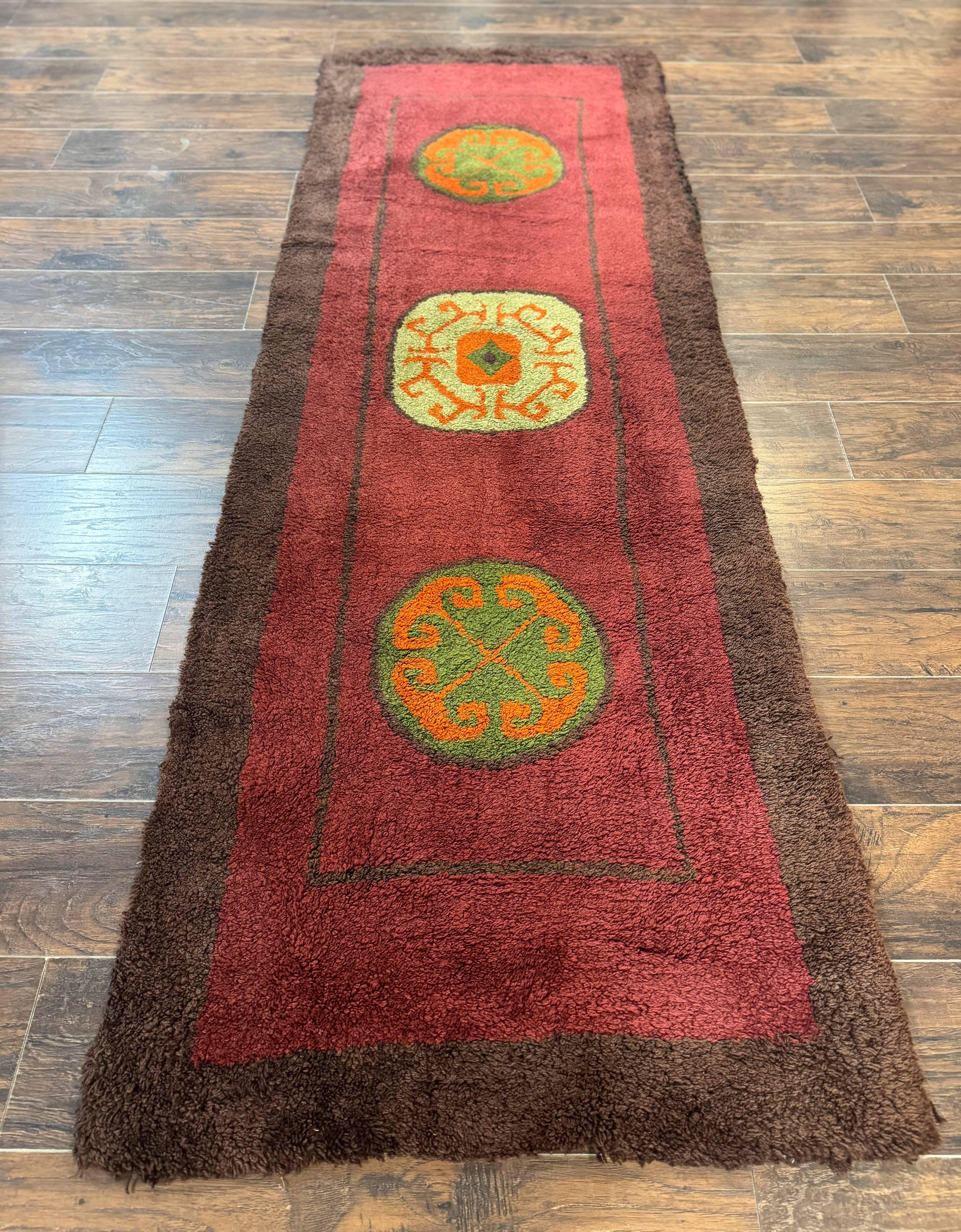German Hooked Runner Rug 3x8, Vintage, Red, Wool - Jewel Rugs