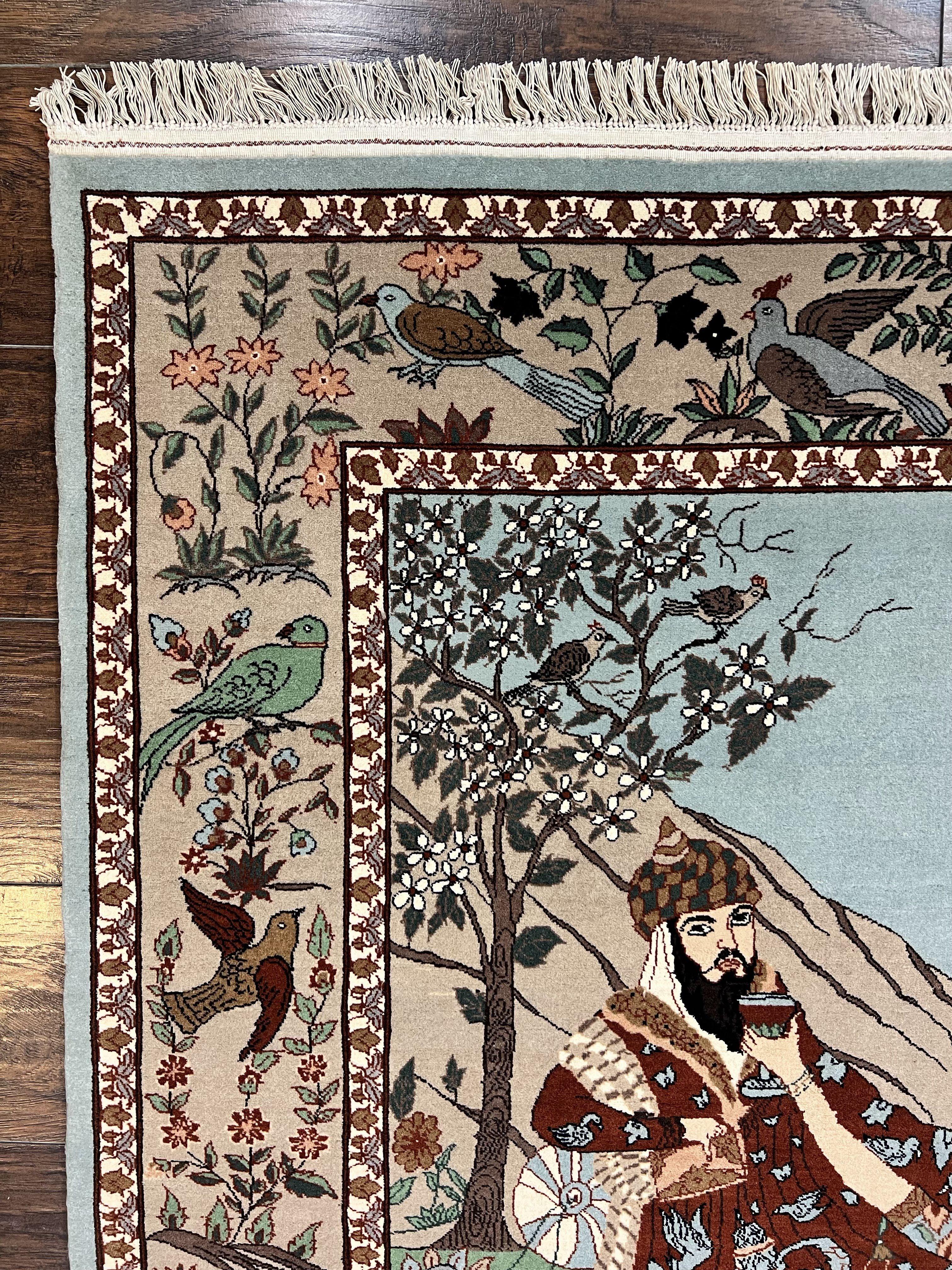 Indo Persian Pictorial Rug 4x7, Handmade Hand Knotted Wool Semi Antique Horizontal Carpet, Men & Women Drinking, Fine Rug, Bird Pictorials - Jewel Rugs