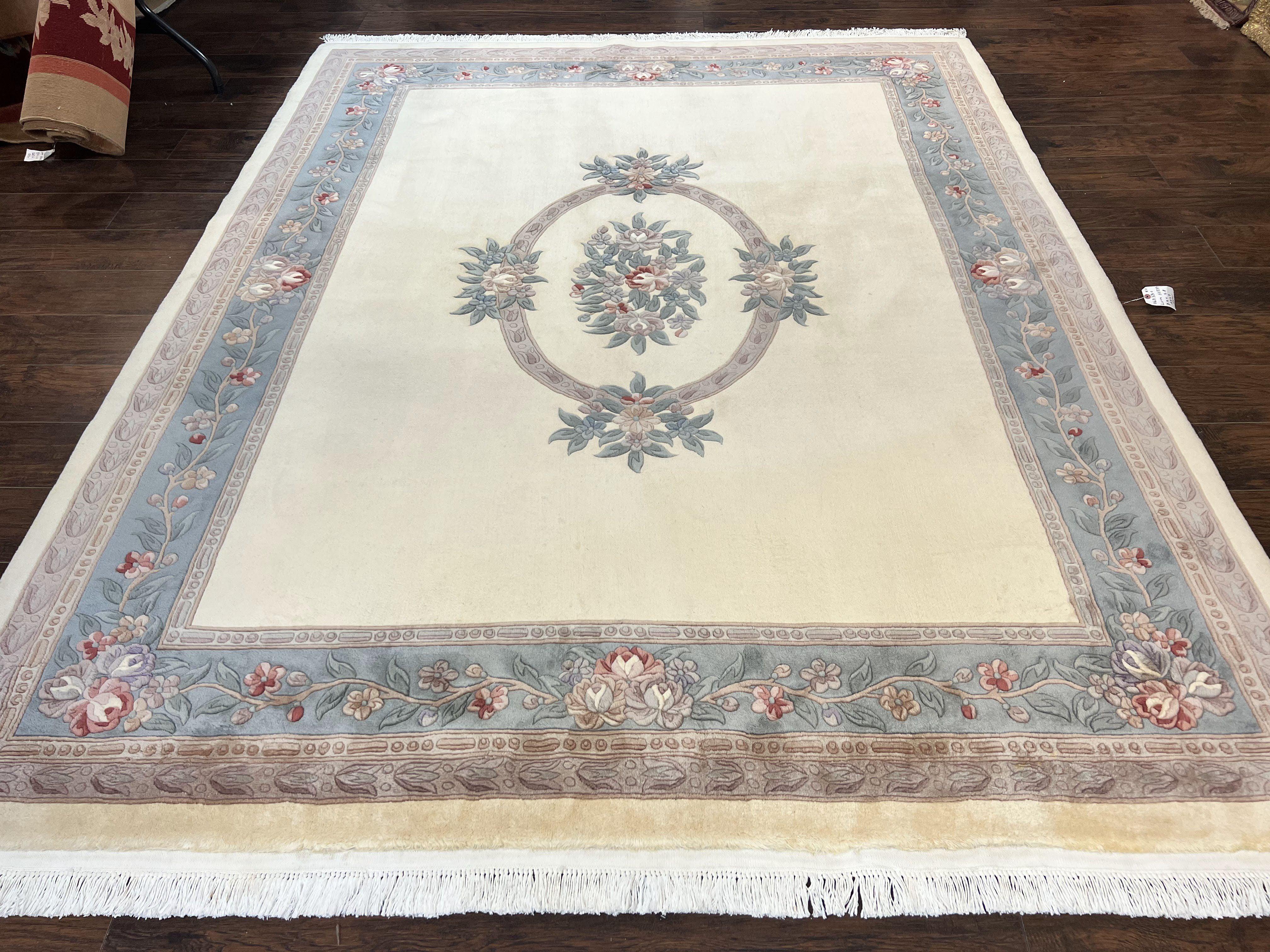 Chinese Carving Rug 8x10, Chinese Wool Carpet 8 x 10, Cream, 120 Line Rug, Vintage Handmade Art Deco Asian Oriental Rug, Aubusson Rug - Jewel Rugs