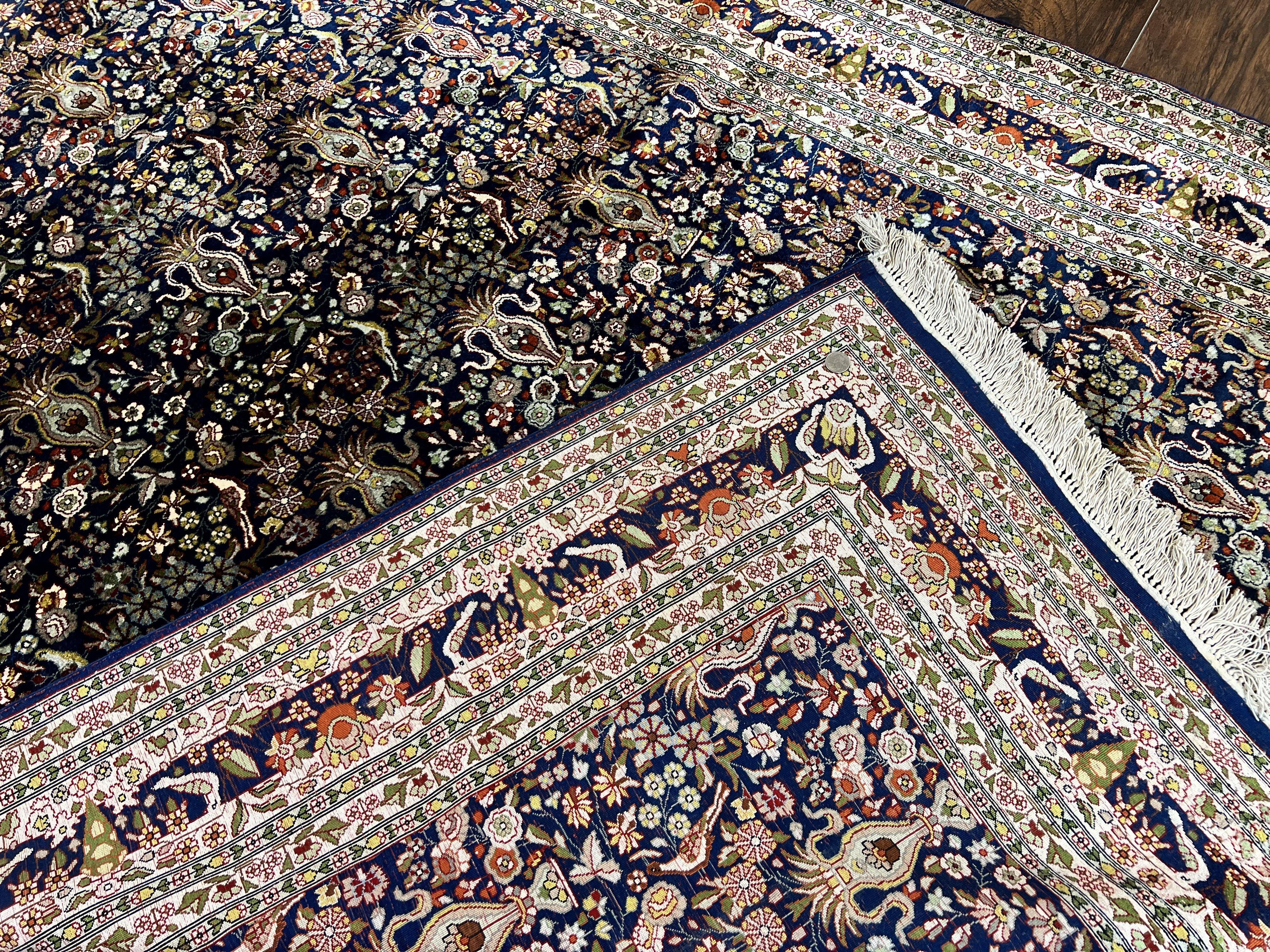 Silk Indian Kashmiri Rug 5x7, Navy Blue Indo Persian Silk Carpet 5 x 7 ft, Hand Knotted Handmade Very Fine Oriental Carpet, 450 KPSI, Birds - Jewel Rugs