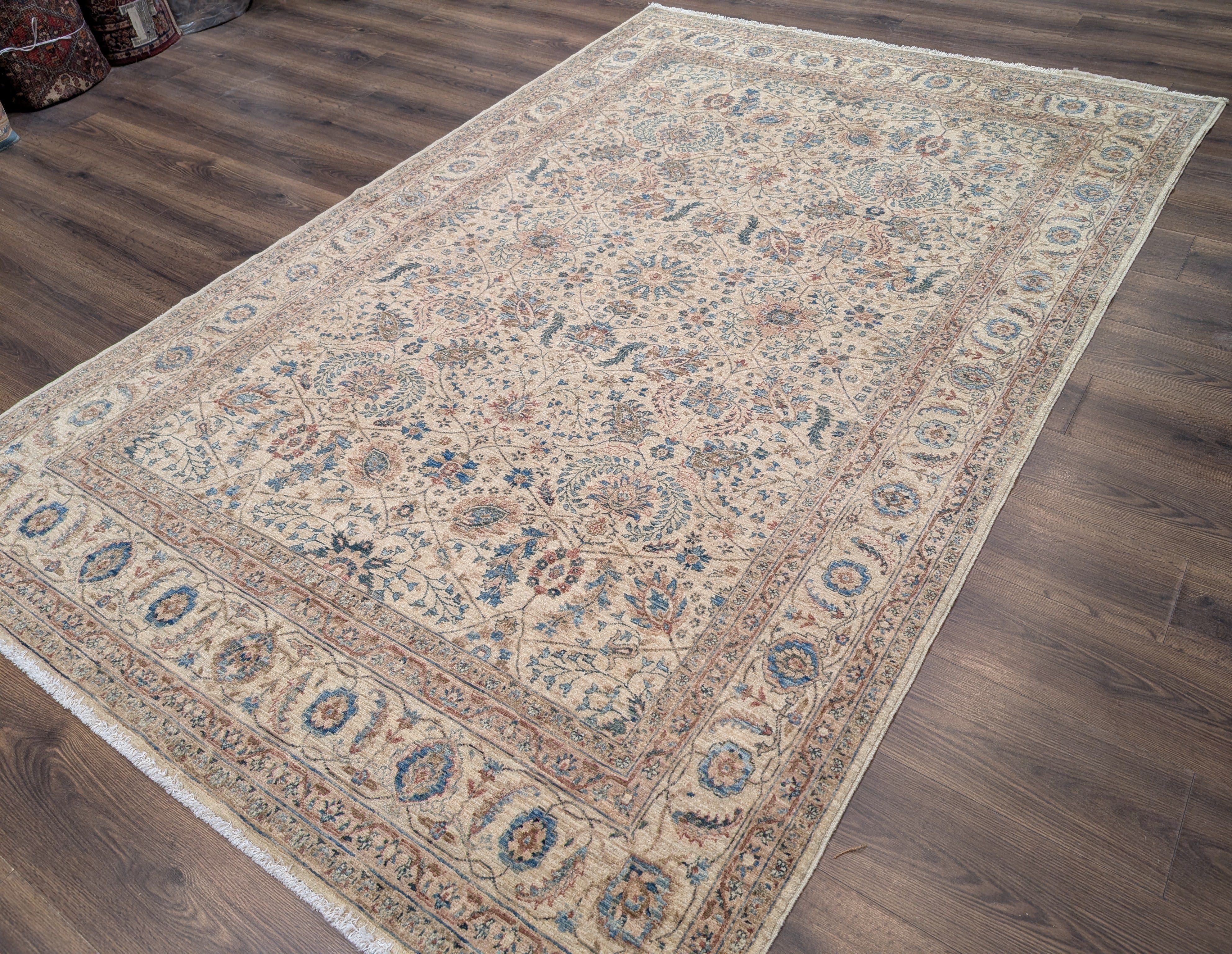 Persian Kashan Rug 6x9 – Oat and Blue Hand Knotted Wool Carpet, Light Colors, 200 KPSI - Jewel Rugs