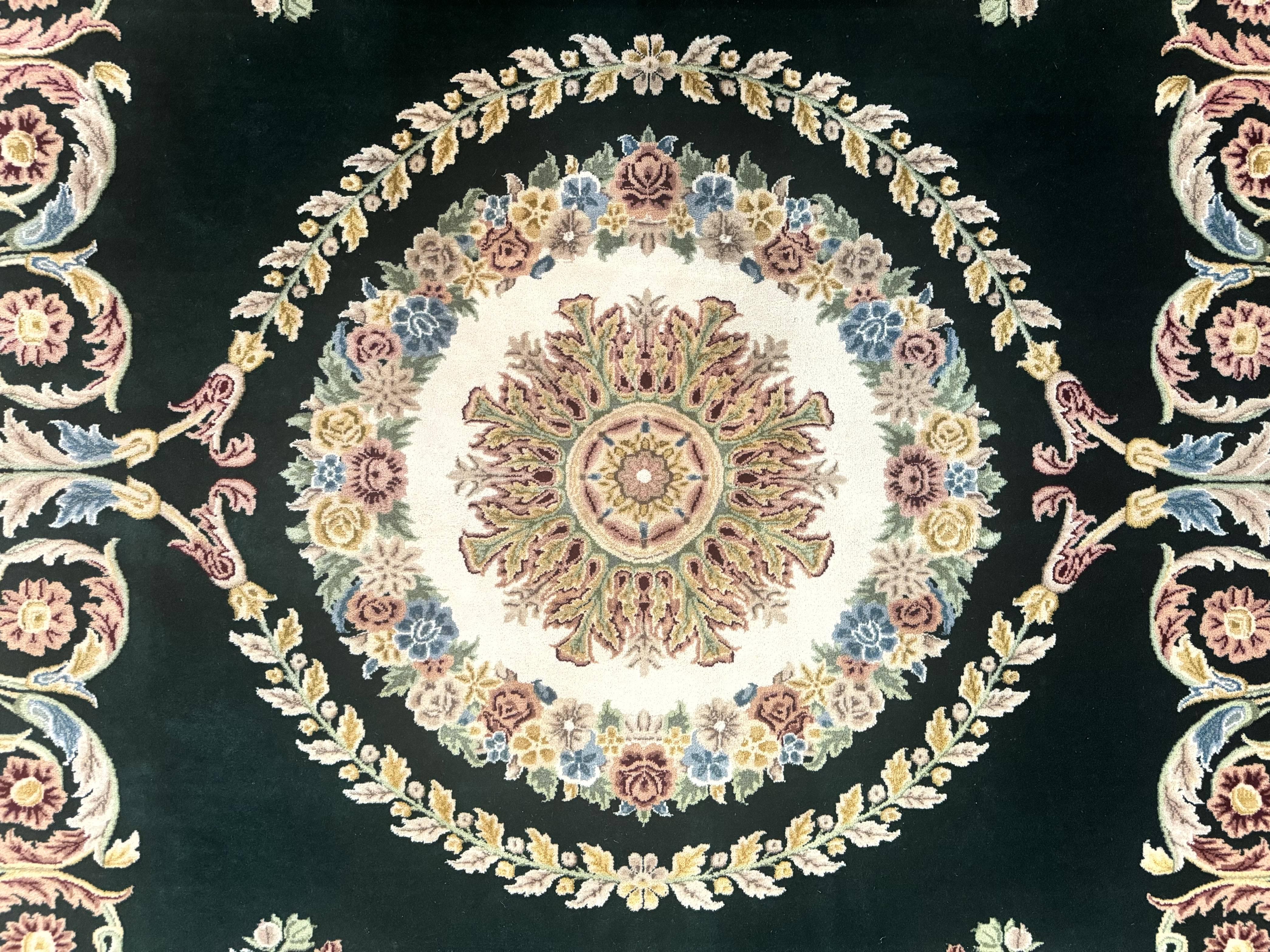 Aubusson Rug 9x12, Dark Green, European Design, Vintage Fine Handmade Carpet, Elegant - Jewel Rugs